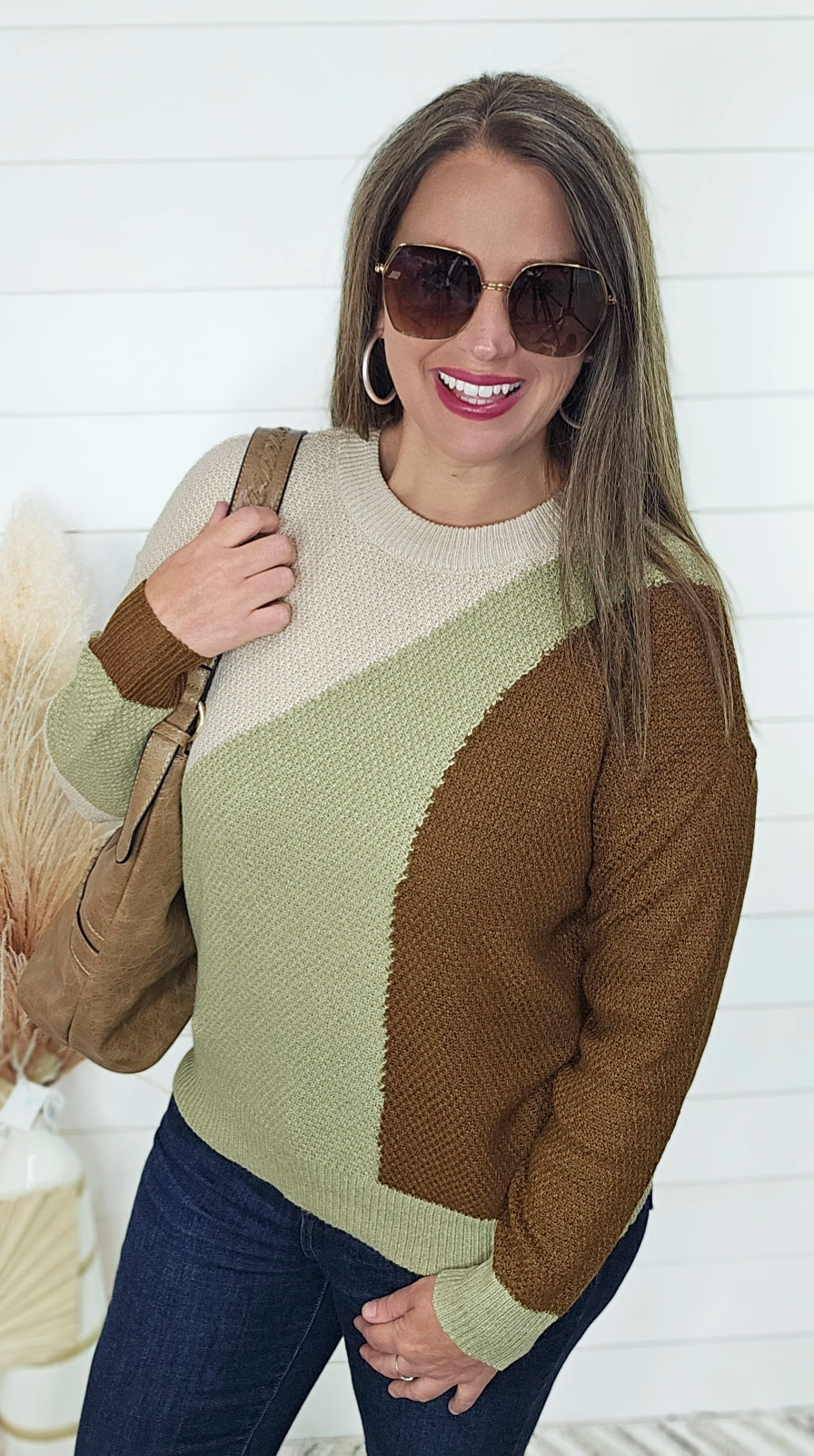 NATURAL/SAGE/BROWN TRI COLOR COLORBLOCK LIGHT WEIGHT SWEATER