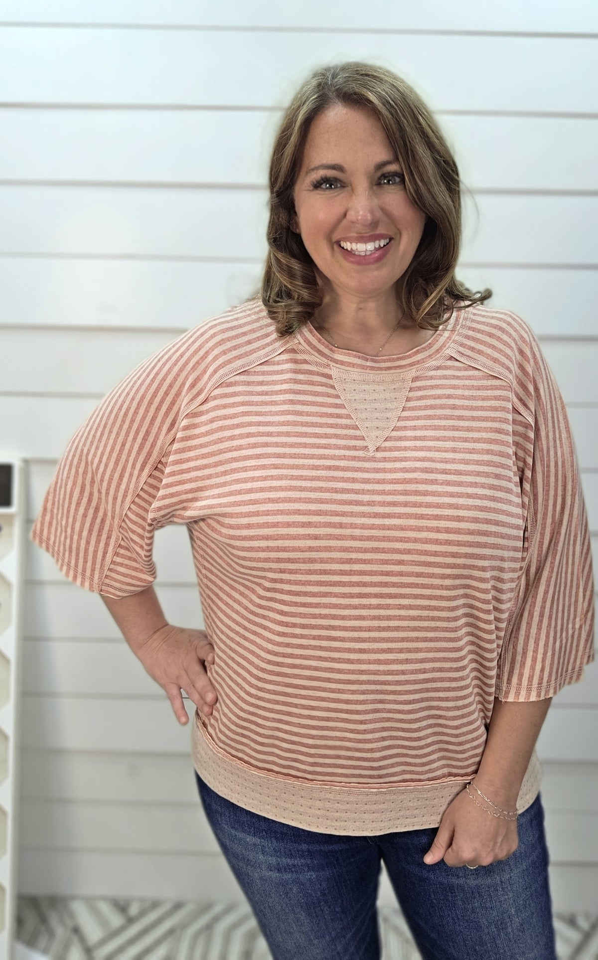 STRAWBERRY STRIPED HALF SLEEVE KNIT OVERSIZED TOP