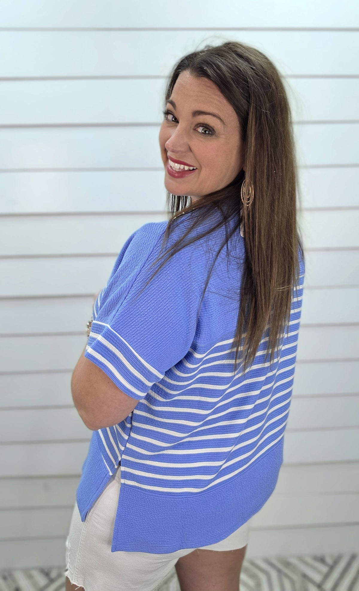 BLUE/WHITE STRIPED CLOUD FABRIC KNIT TOP