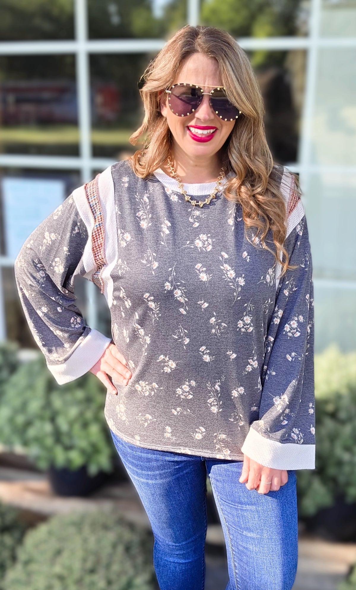 CHARCOAL FLORAL FRENCH TERRY CONTRAST KNIT TOP