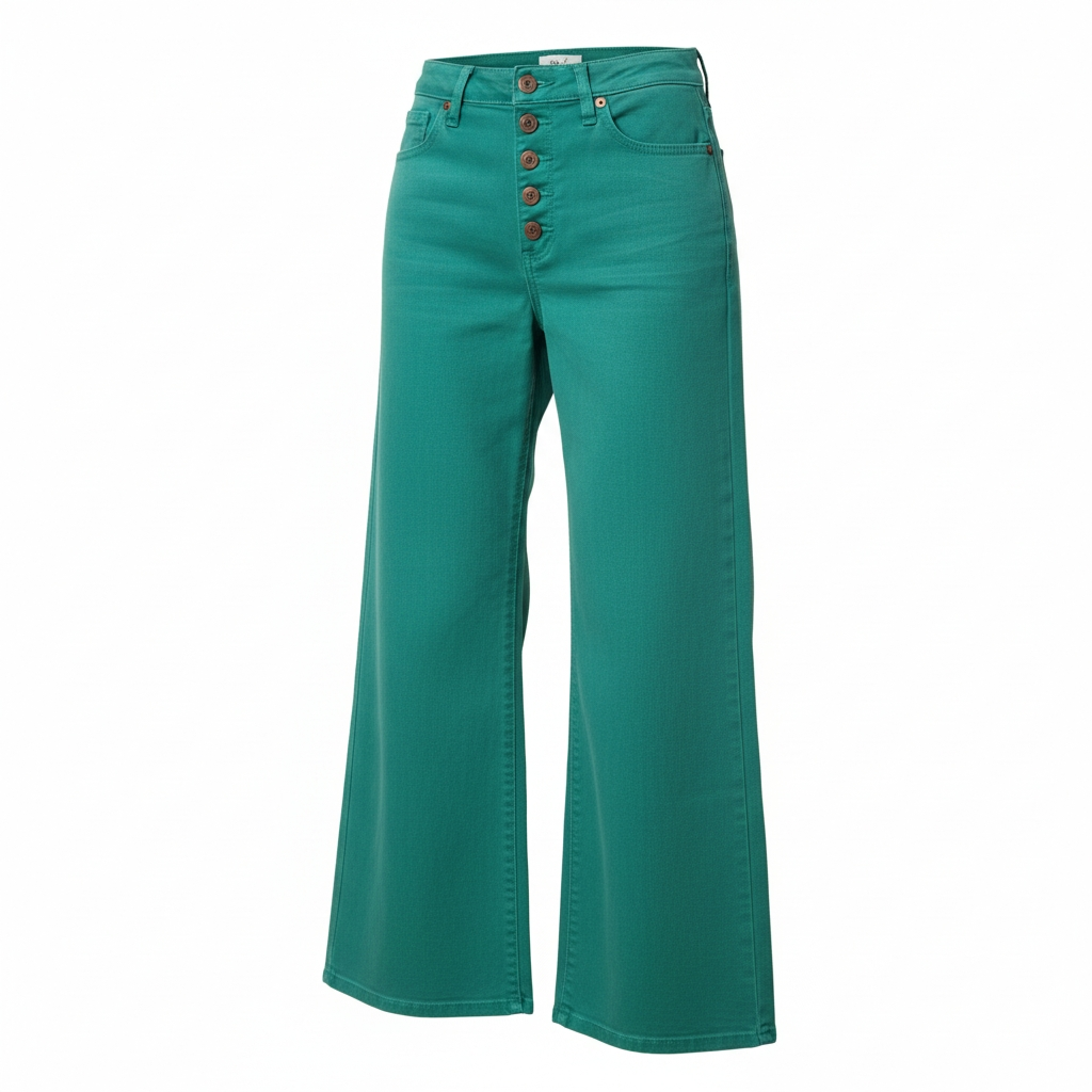 CLOVER GREEN BUTTON FRONT STRETCH WIDE LEG JEANS