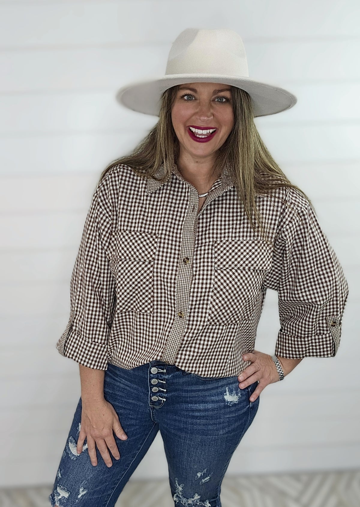 BROWN CHECK ROLL TAB PLAID BUTTON DOWN TOP