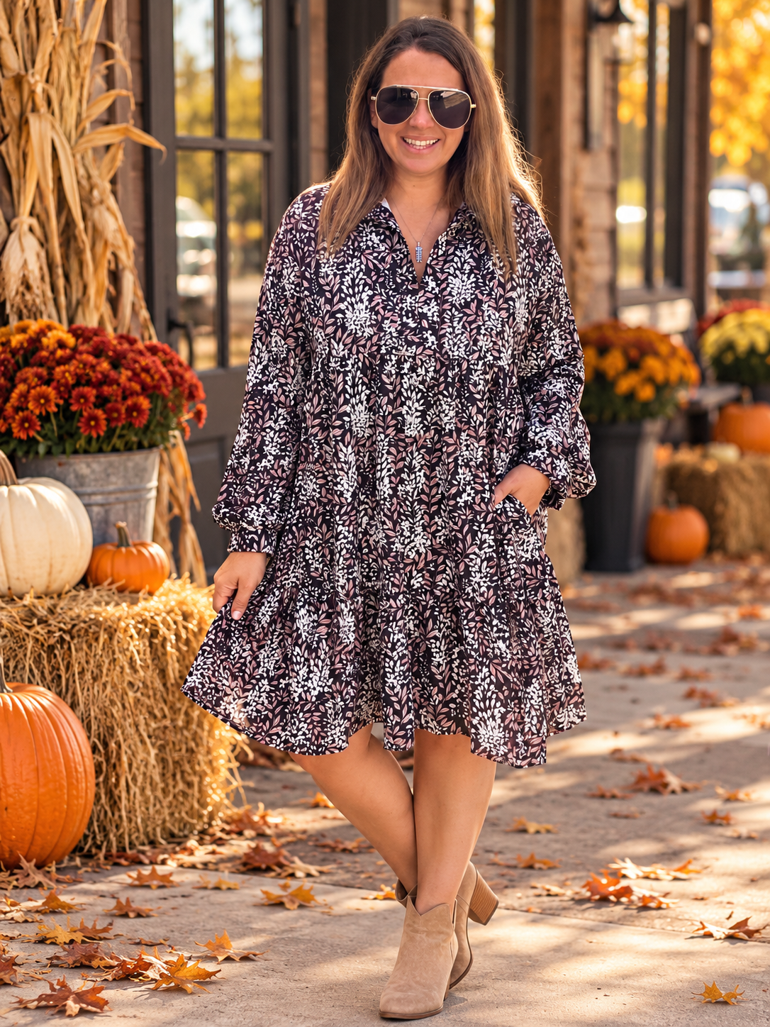 Black Collared Notch Neck Babydoll Long Sleeve Floral Print Knee Length Woven Dress
