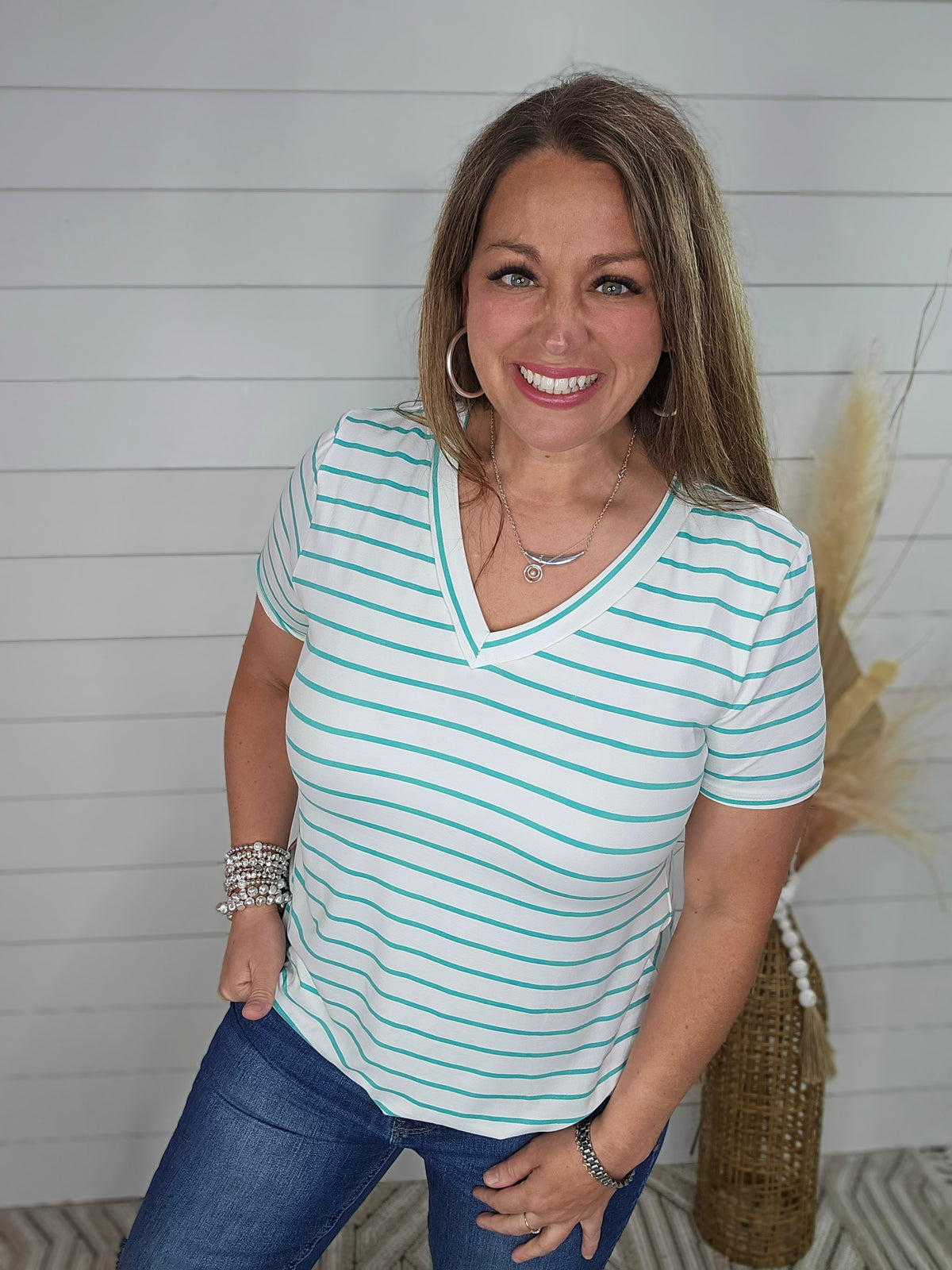 MINT STRIPED BUTTER SOFT V NECK TOP