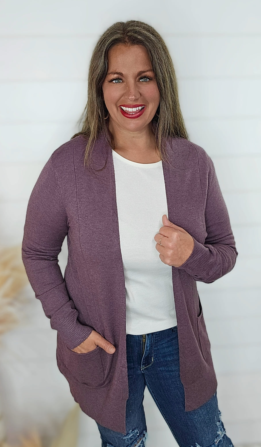 HEATHERED ACAI ULTRA SOFT OPEN CARDIGAN W/ SIDE POCKETS