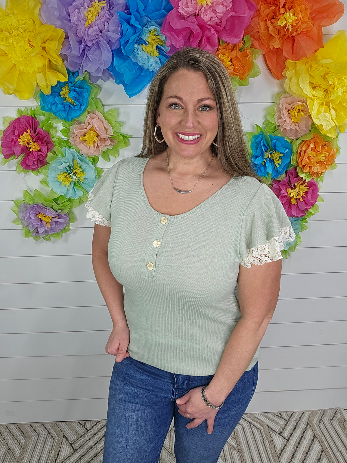 SAGE RIBBED LACE TRIM BUTTON TOP