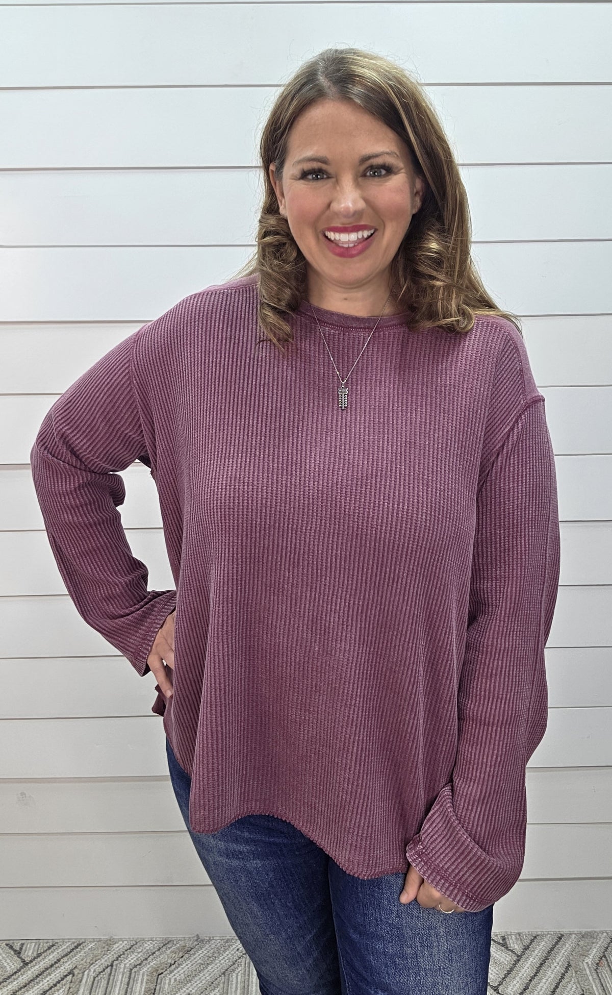 DARK CHERRY MINERAL WASHED WAFFLE TEXTURE CONTRAST KNIT LOOSE FIT TOP