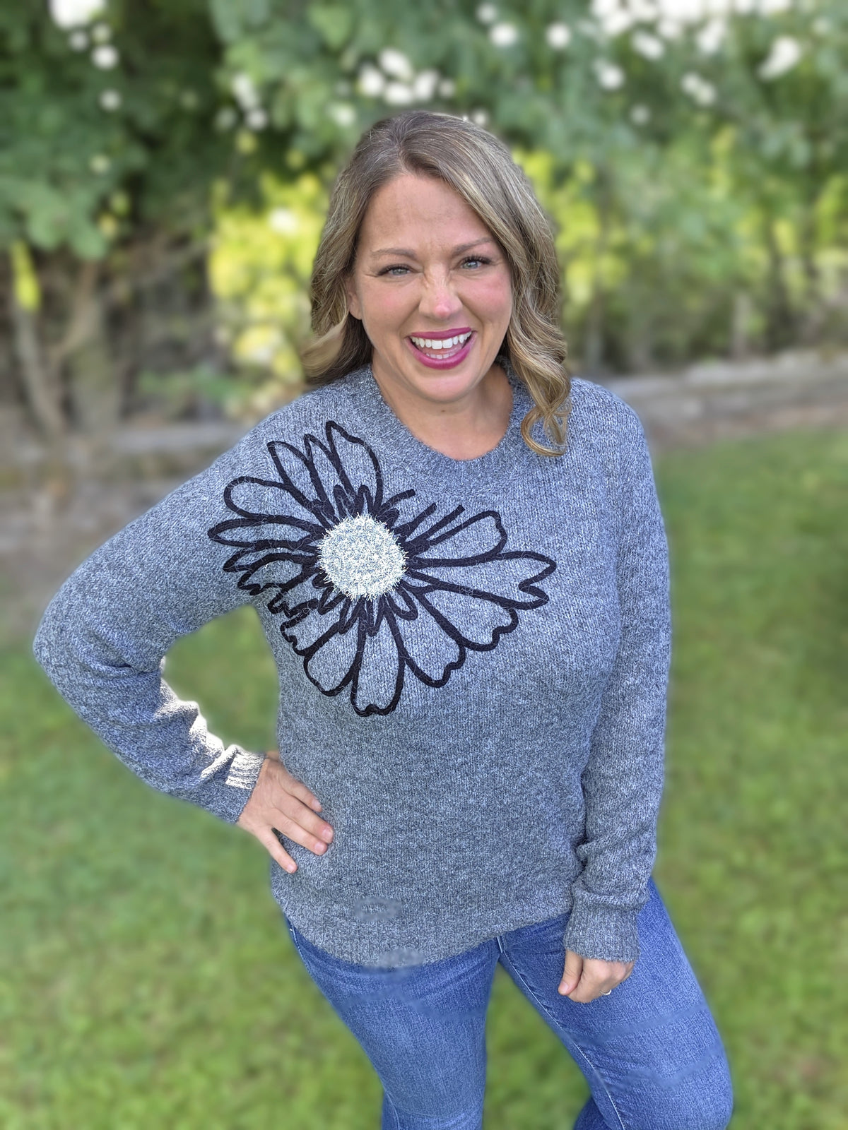 CHARCOAL 3D GLITZ FLORAL KNIT SWEATER