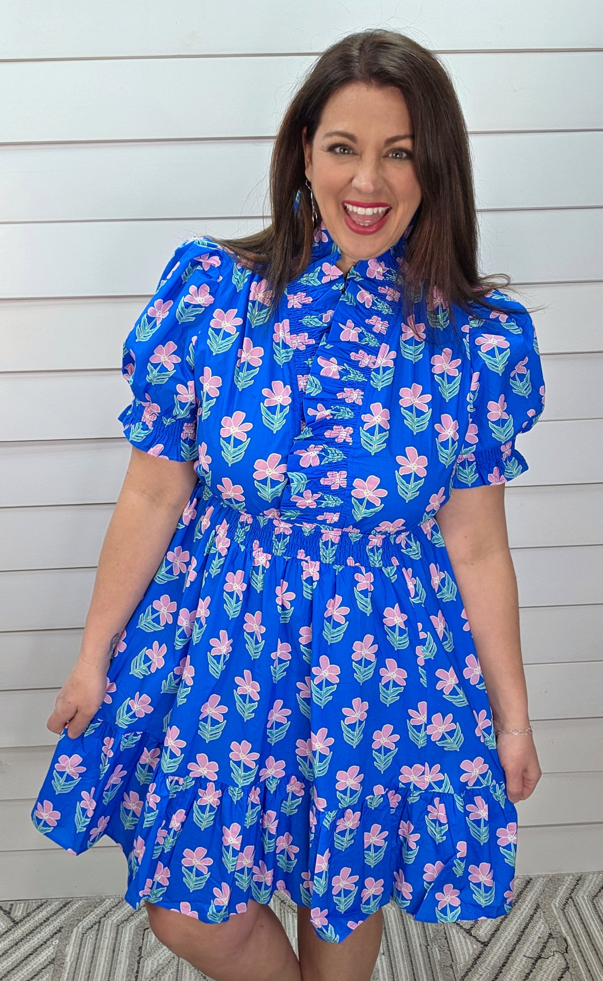 BLUE/PINK FLORAL ELASTIC WAIST DRESS