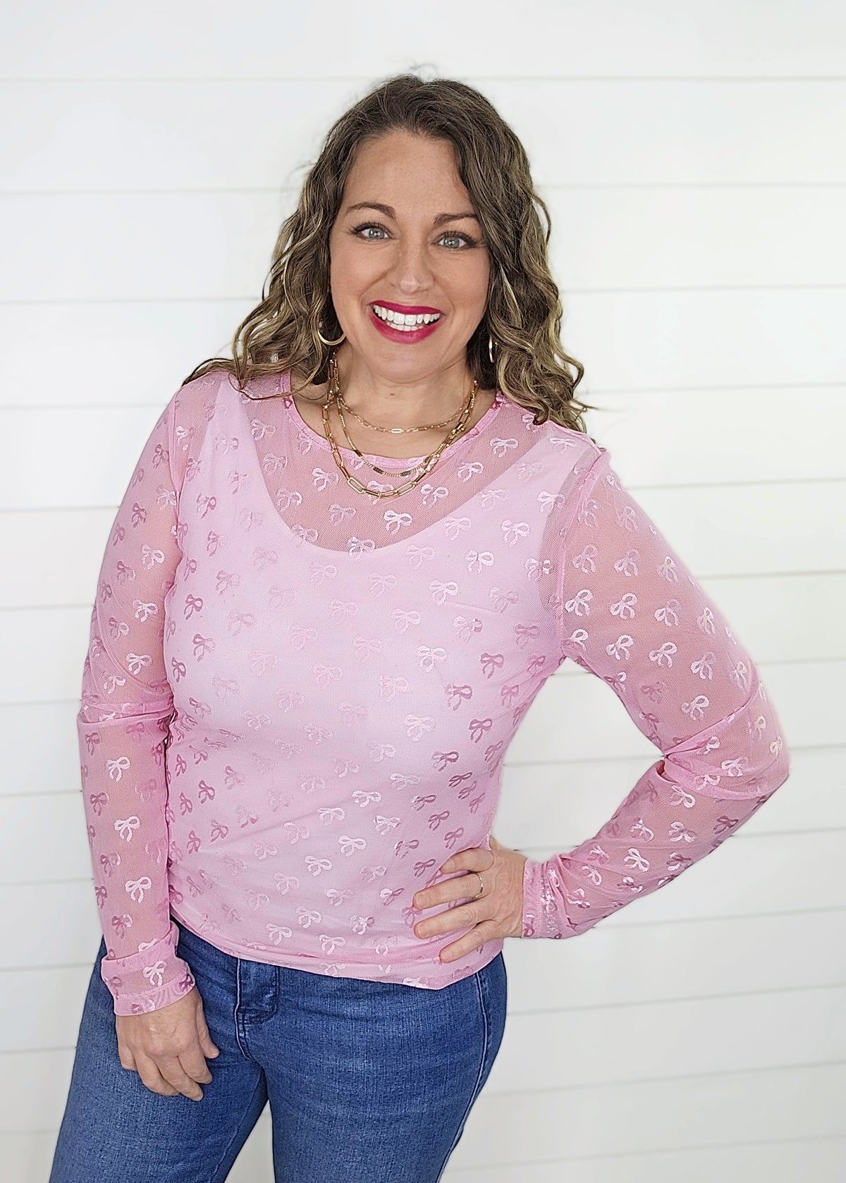 PINK BOW MESH TOP