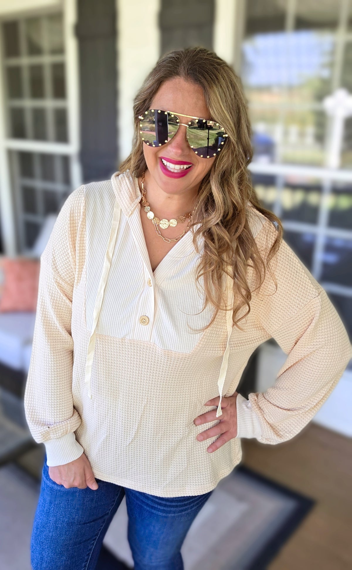 OATMEAL WAFFLE CONTRAST LIGHT WEIGHT HOODIE