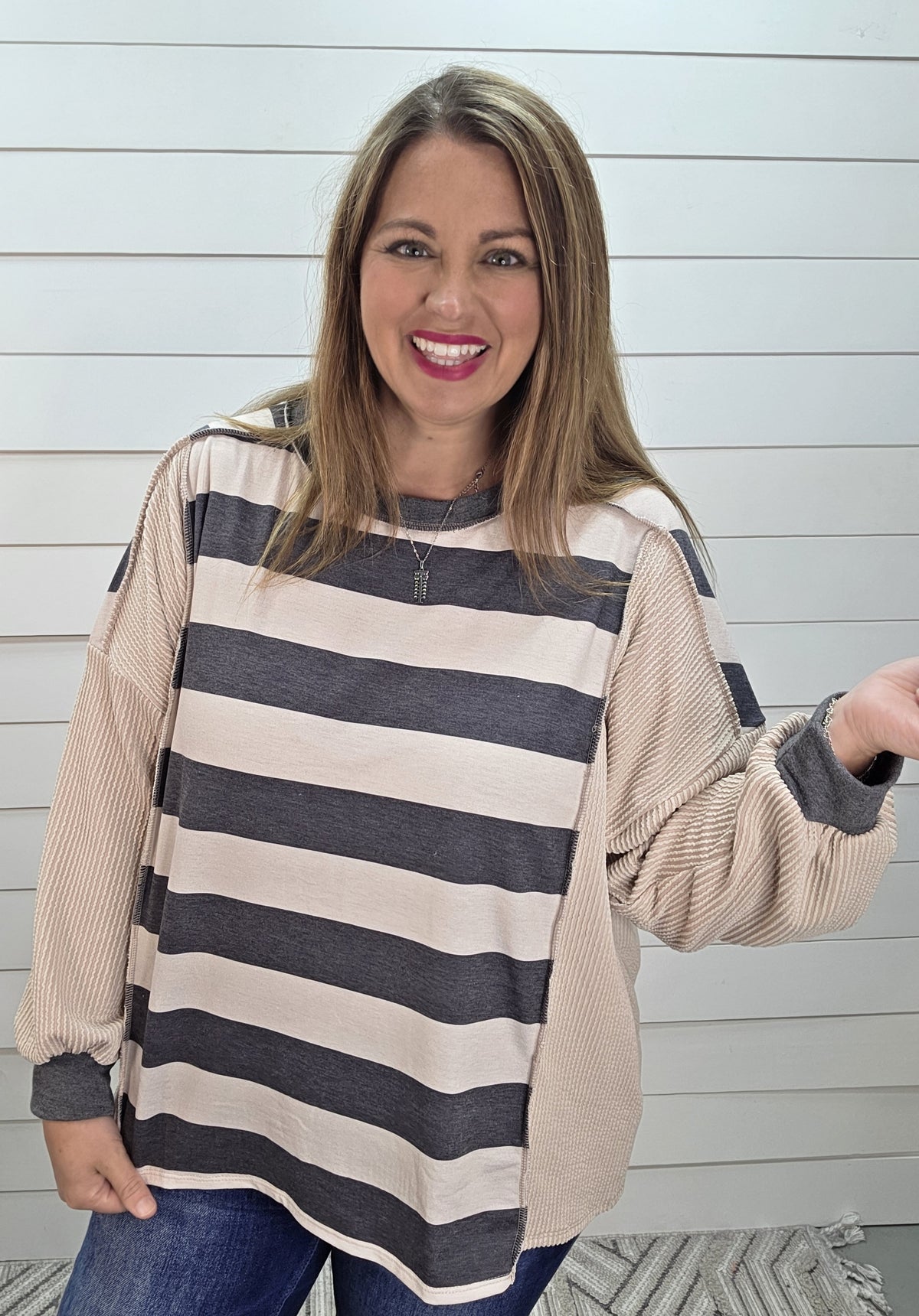 STONE/CHARCOAL WIDE STRIPED KNIT TOP W/ RAISED RIBBED ACCENT