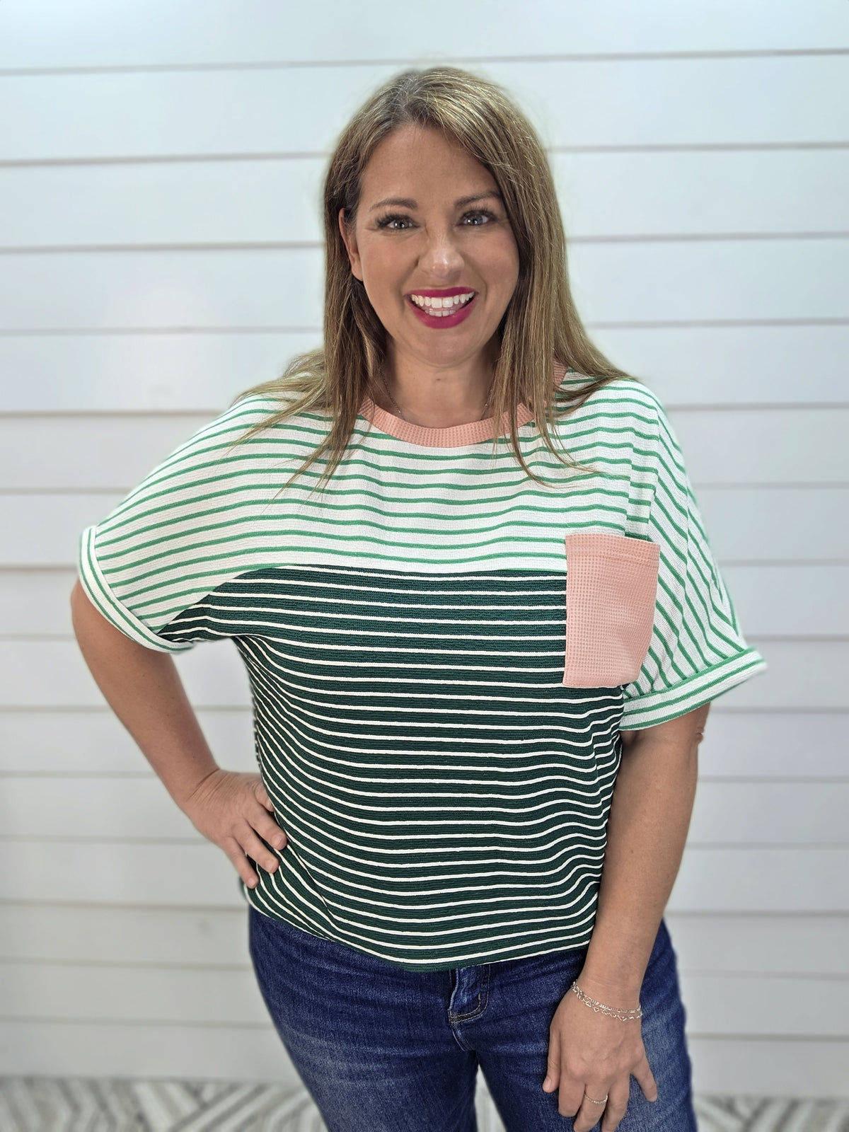 GREEN STRIPED CONTRAST KNIT TOP W/ MAUVE ACCENTS