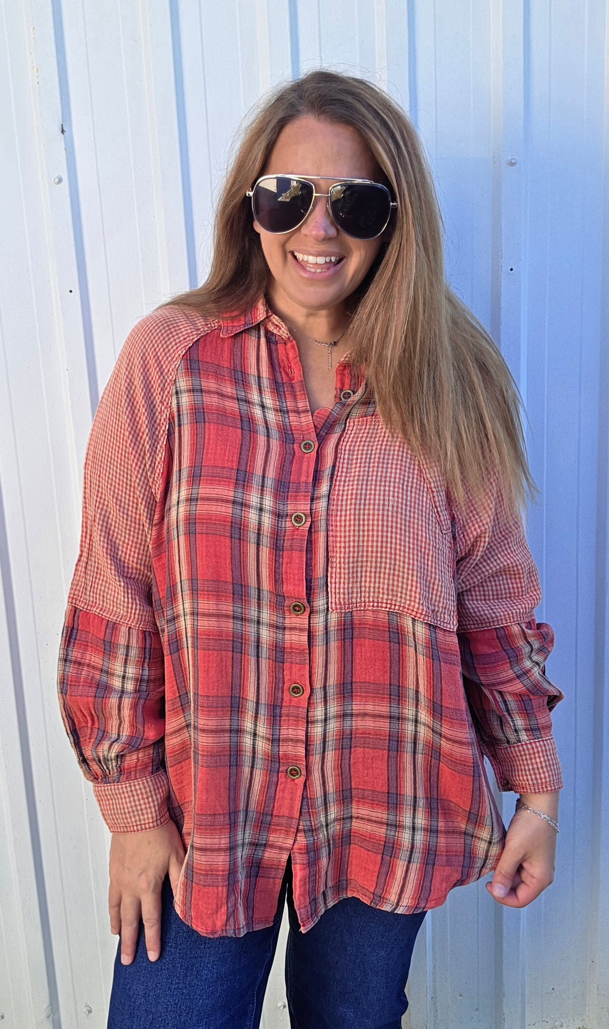 VINTAGE RED MIXED MEDIA OVERSIZED BUTTON DOWN PLAID TOP