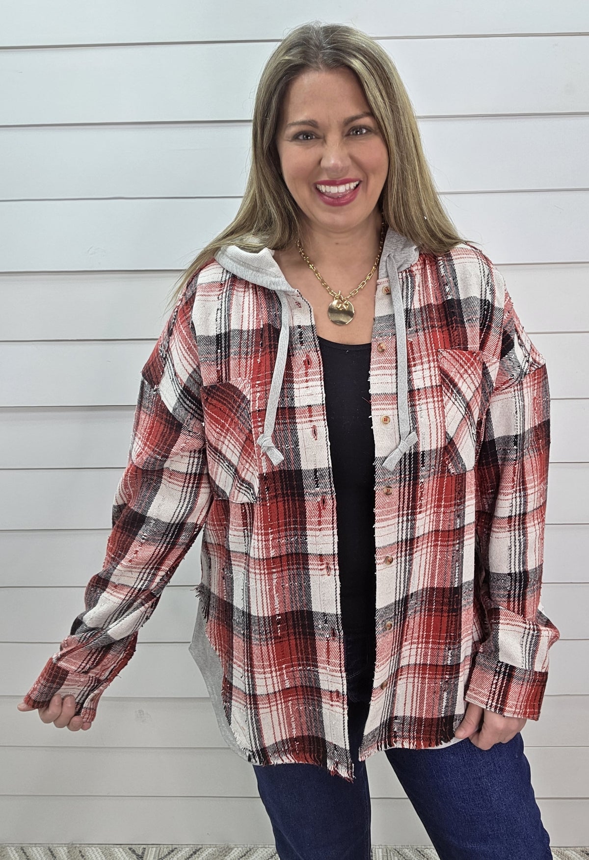 RED/BLACK PLAID BUTTON DOWN HOODED SHACKET