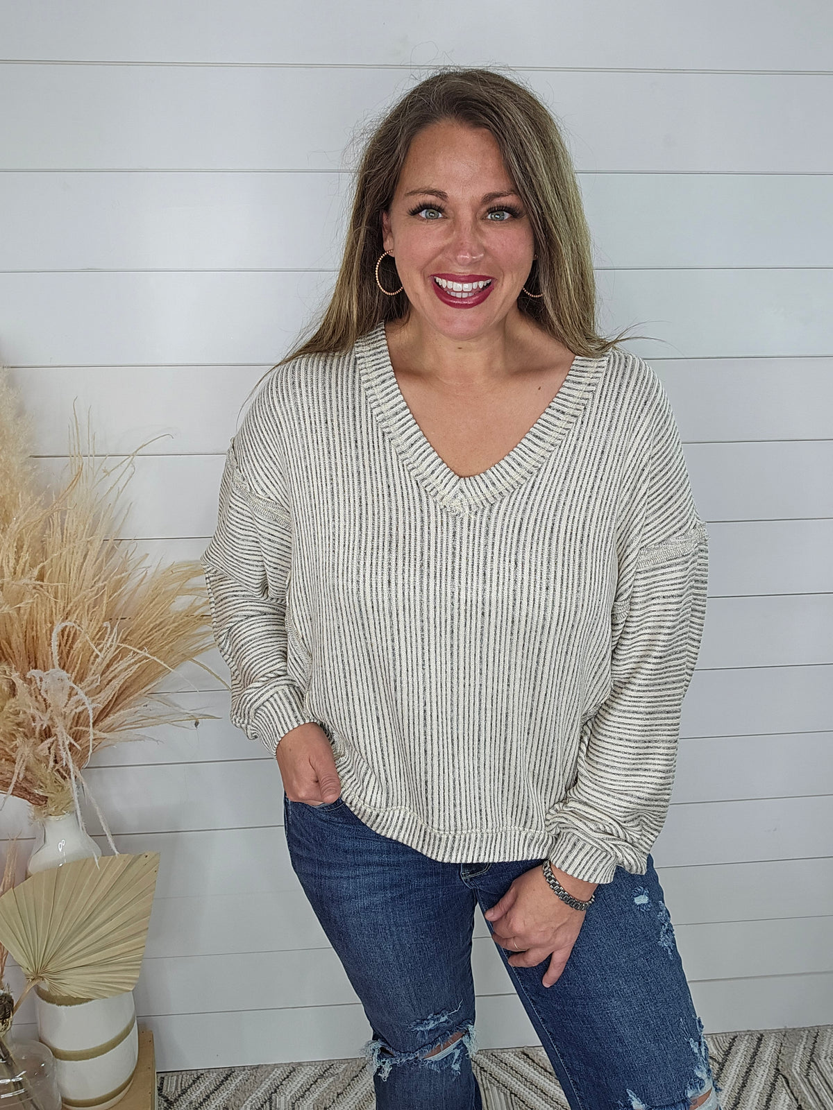 CHARCOAL STRIPED V NECK DROP SHOULDER KNIT TOP