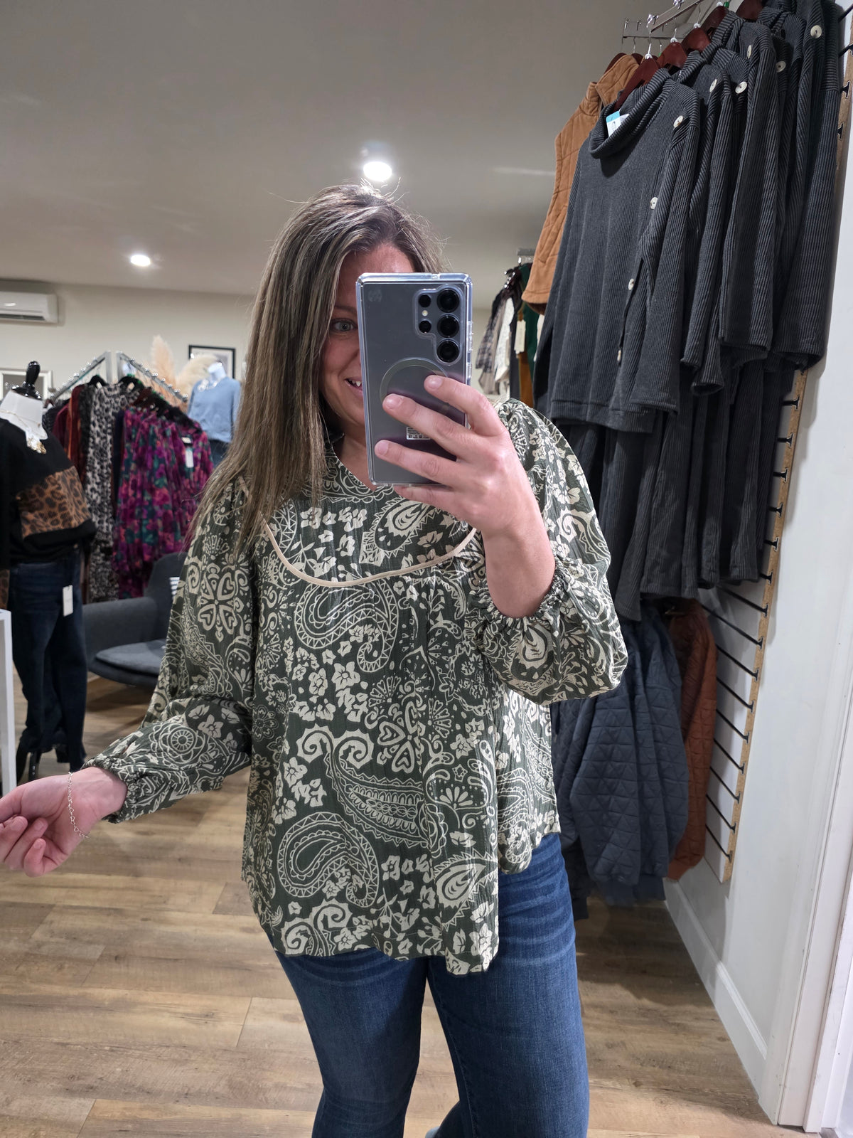 OLIVE/TAUPE TEXTURED PRINTED BLOUSE