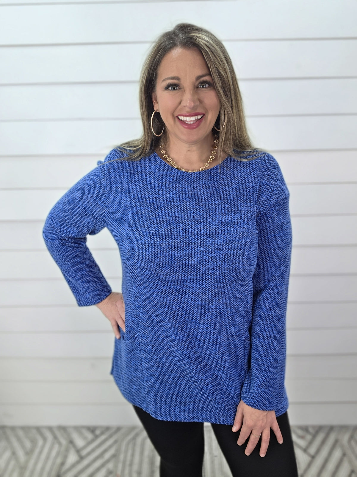 BLUE HEATHERED DOUBLE POCKET KNIT TUNIC
