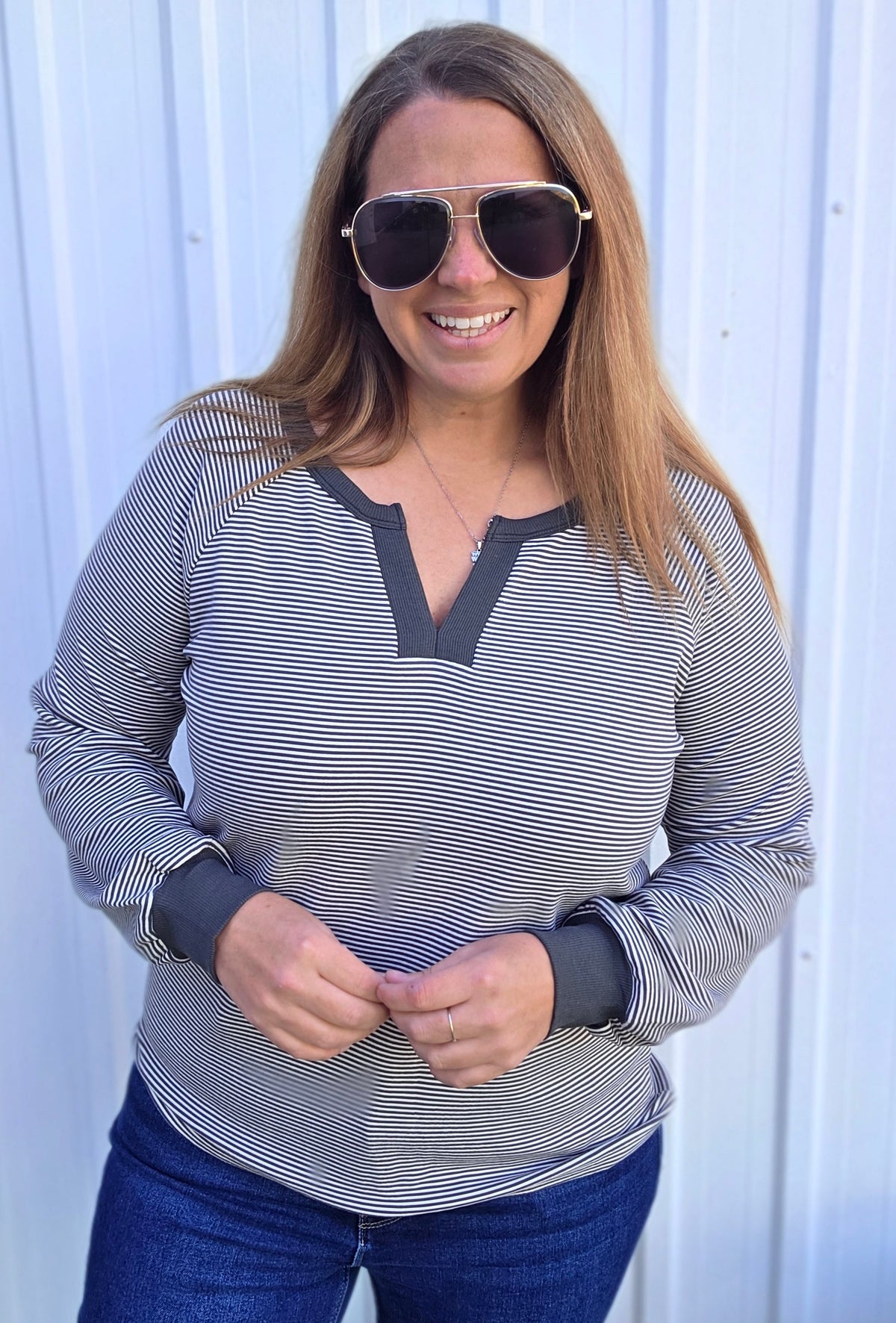Charcoal Y Split Neck, Long Sleeve, Micro Brushed Stripe Top