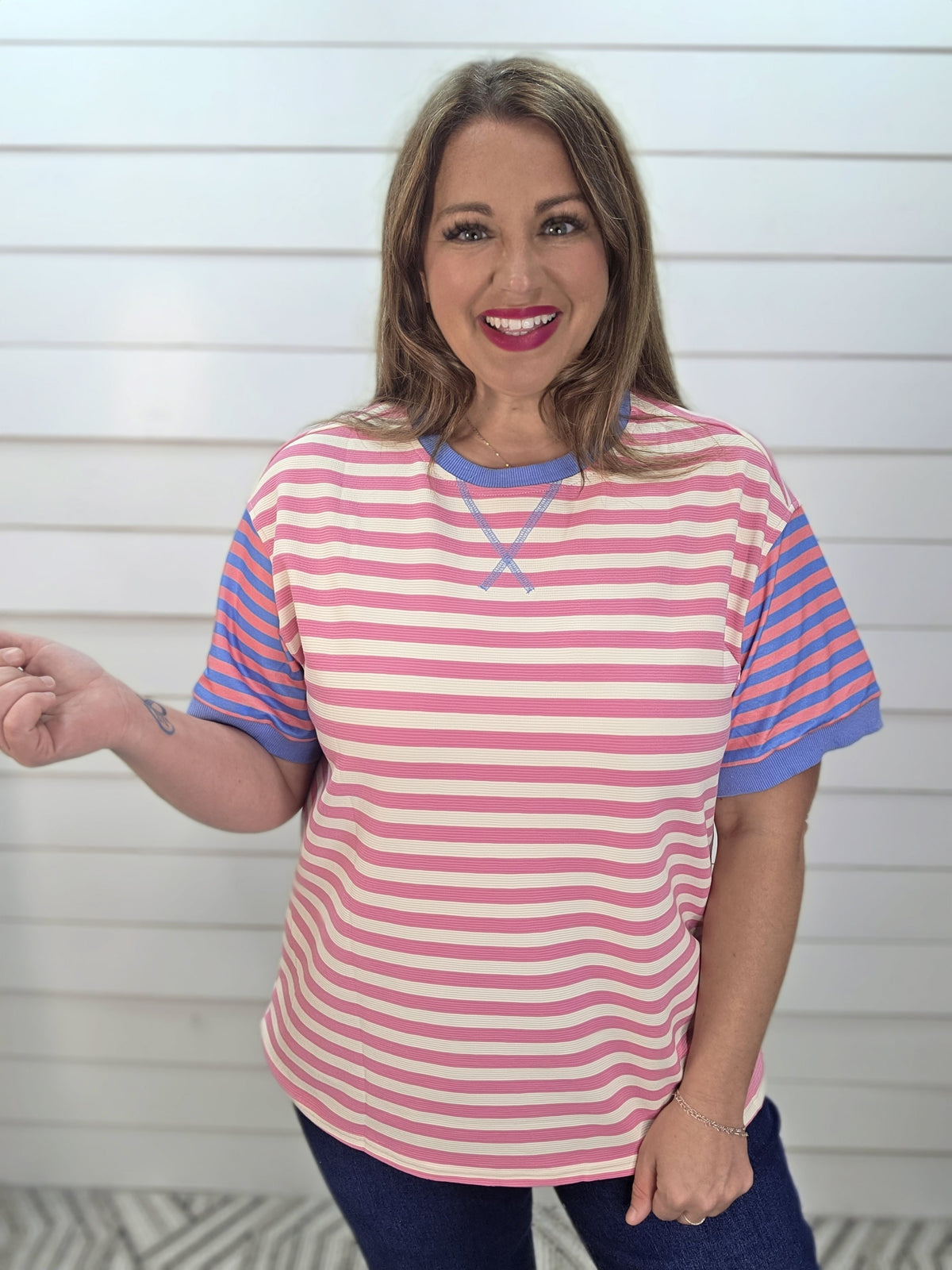 PINK STRIPED KNIT TOP W/ CONTRAST KNIT SLEEVES