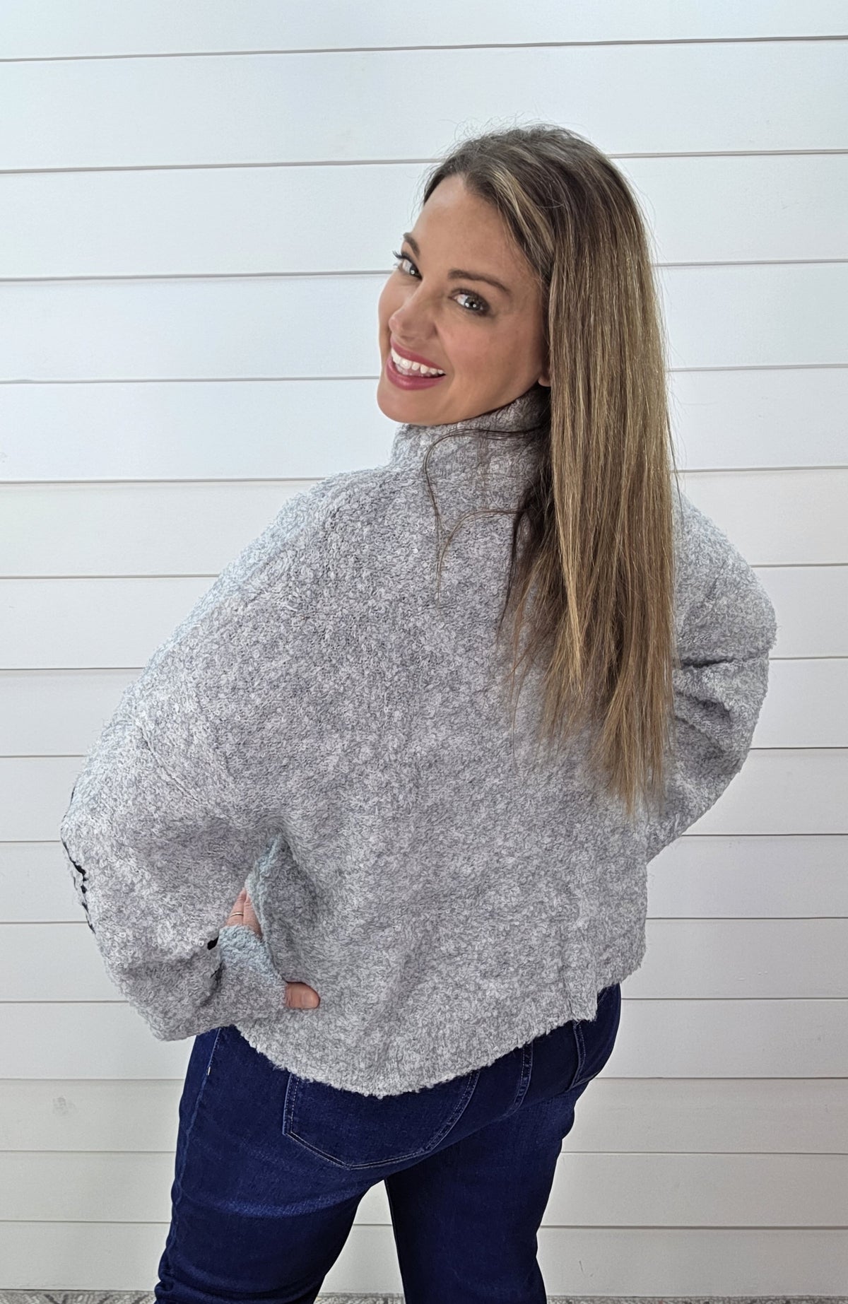 GREY PLUSH 3D FLORAL MOCK NECK SWEATER