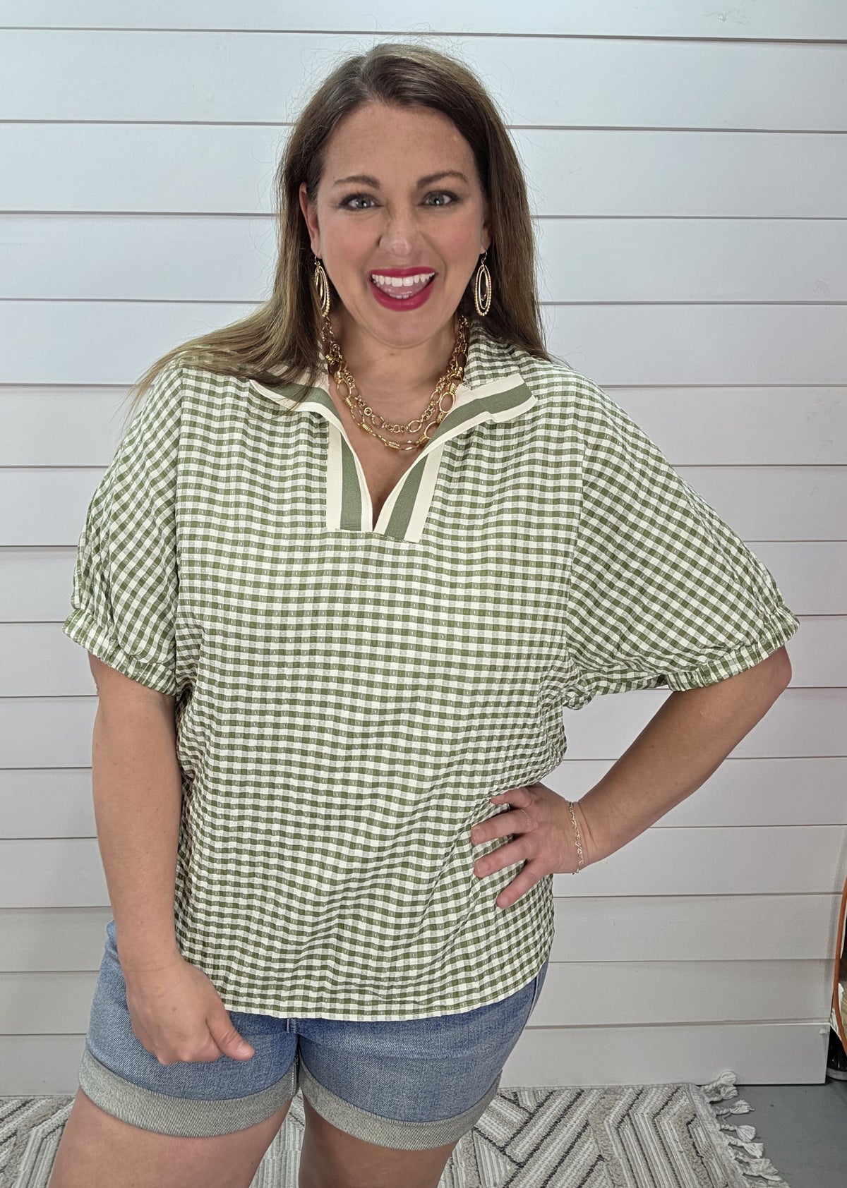 GREEN GIGHAM V NECK WOVEN TOP