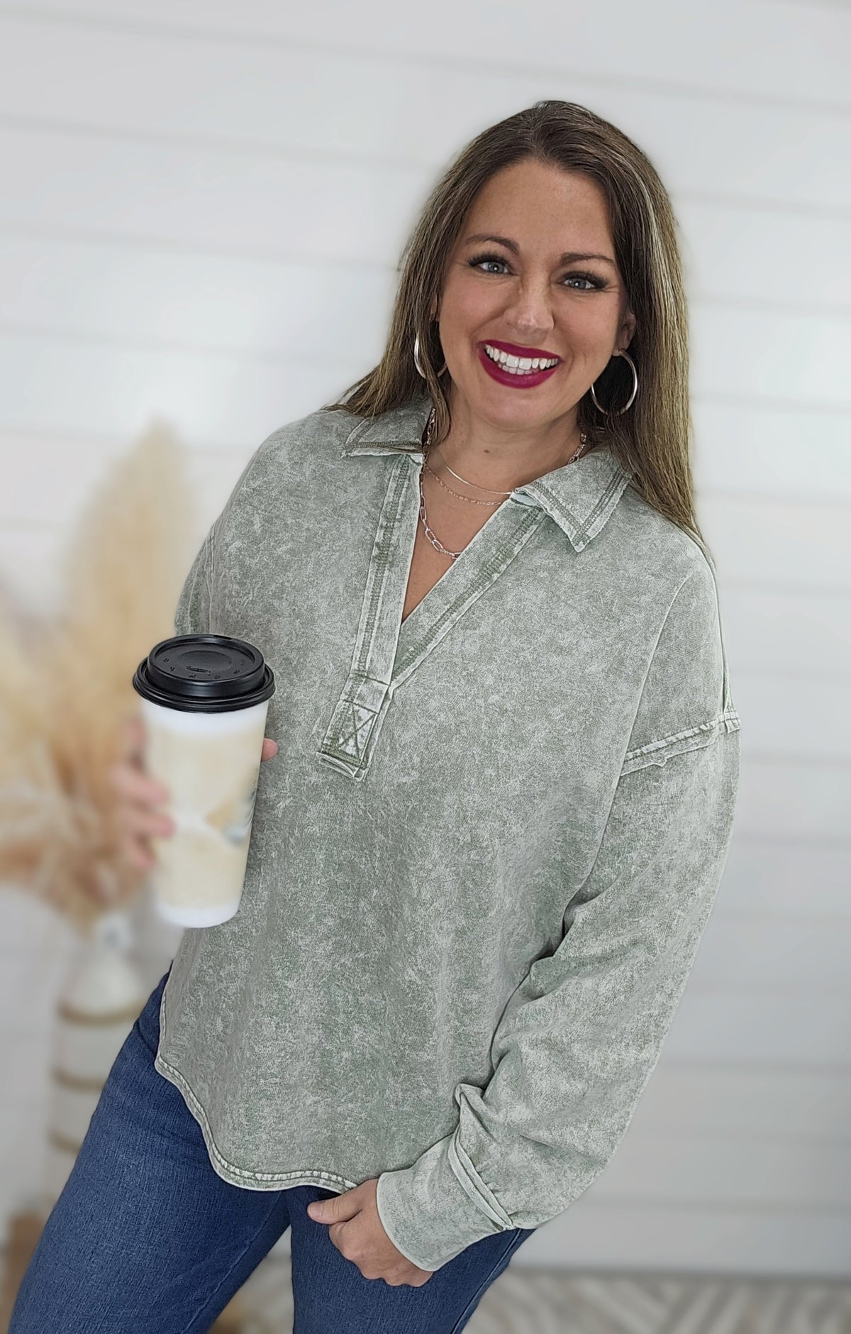 OLIVE MINERAL WASH COLLARED LONG SLEEVE TOP