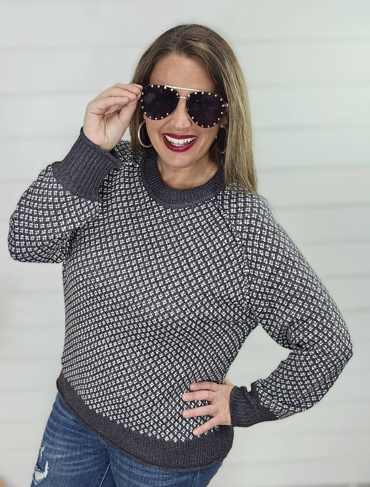 GUNMETAL PRINTED CREW NECK SWEATER