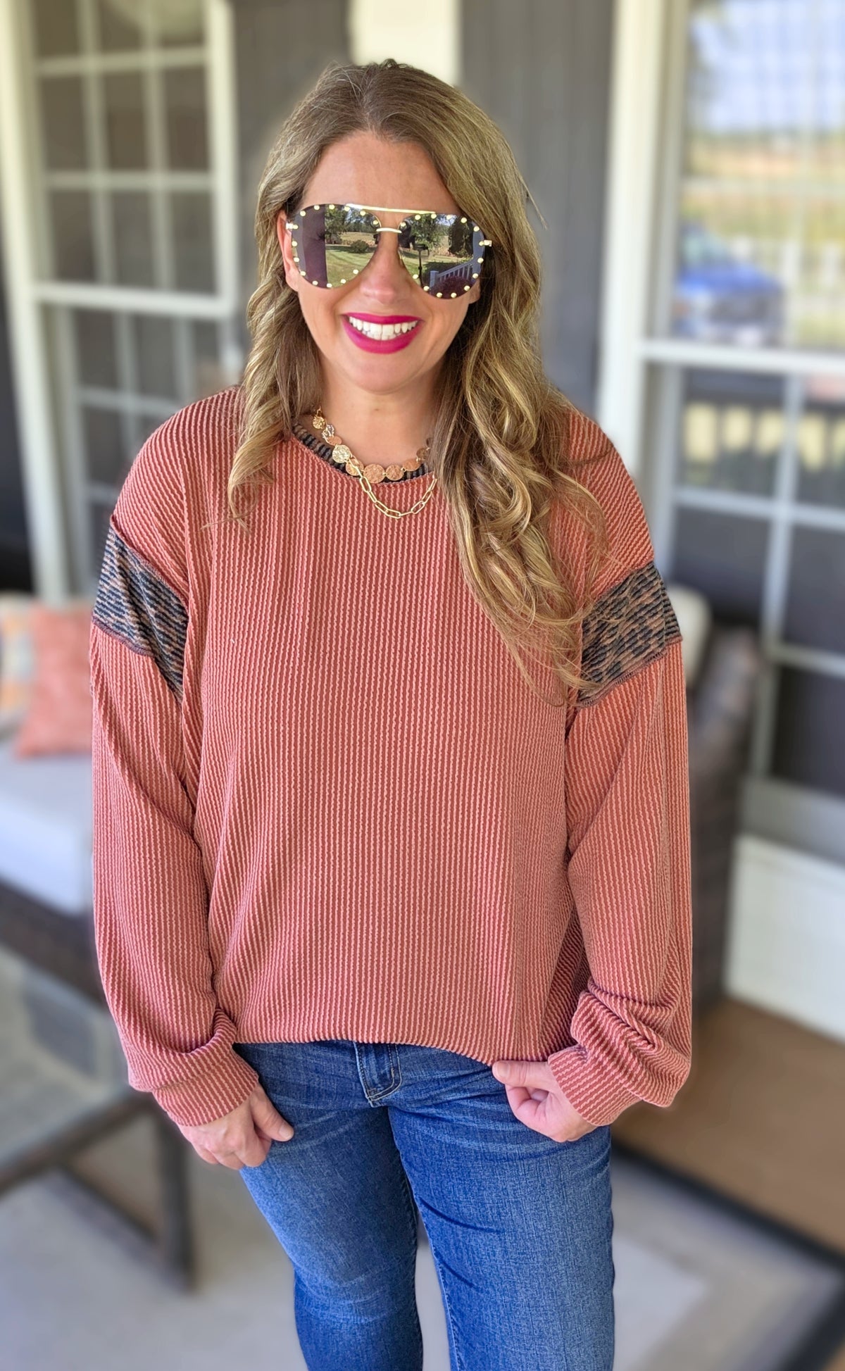 RUST RAISED RIBBED KNIT TOP WITH LEOPARD ACCENT SLEEVE