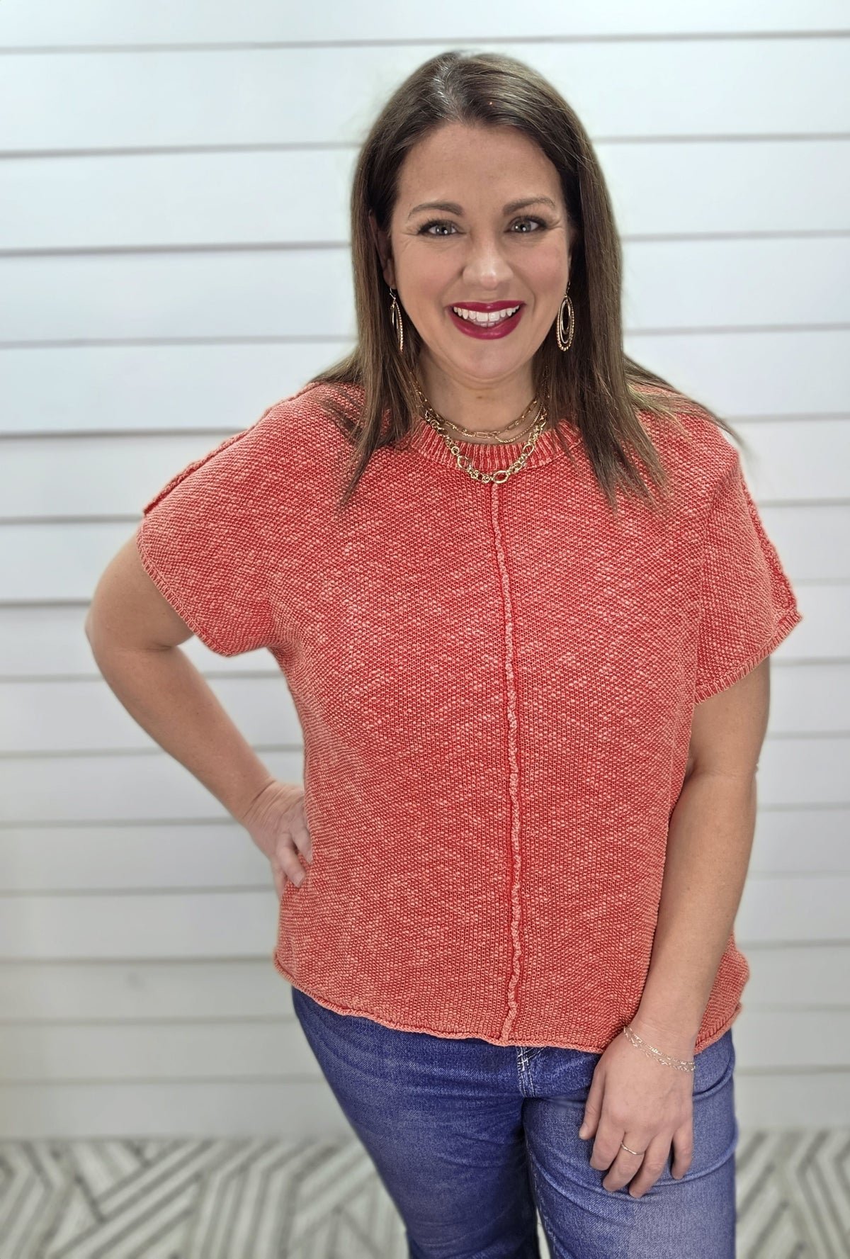 RED MINERAL WASH LOOSE FIT SHORT SLEEVE SWEATER KNIT TOP