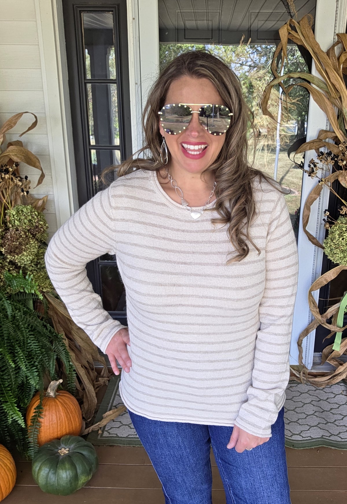 OATMEAL/TAUPE STRIPED KNIT SWEATER