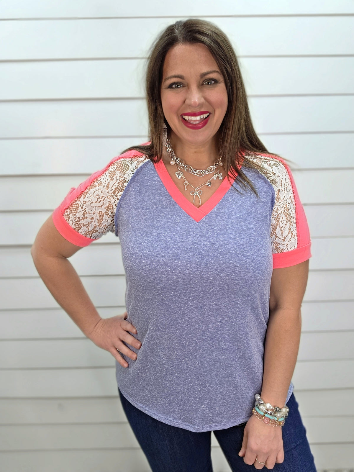 HEATHERED DENIM BLUE COTTON BLEND KNIT TOP W/ HOT PINK AND LACE TRIM