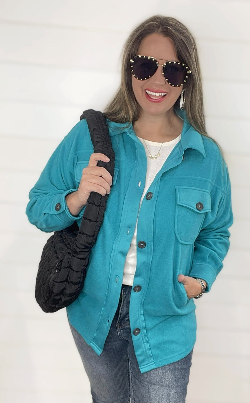 OVERSIZED PLUSH FLEECE SHACKET - TEAL