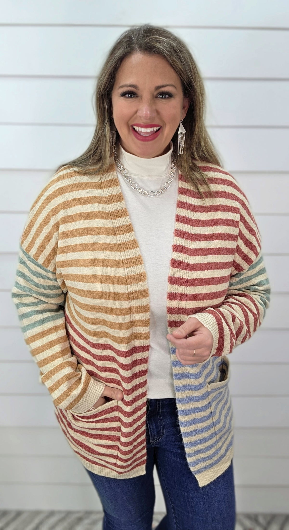 CAMEL/BERRY STRIPED COLORBLOCK KNIT CARDIGAN
