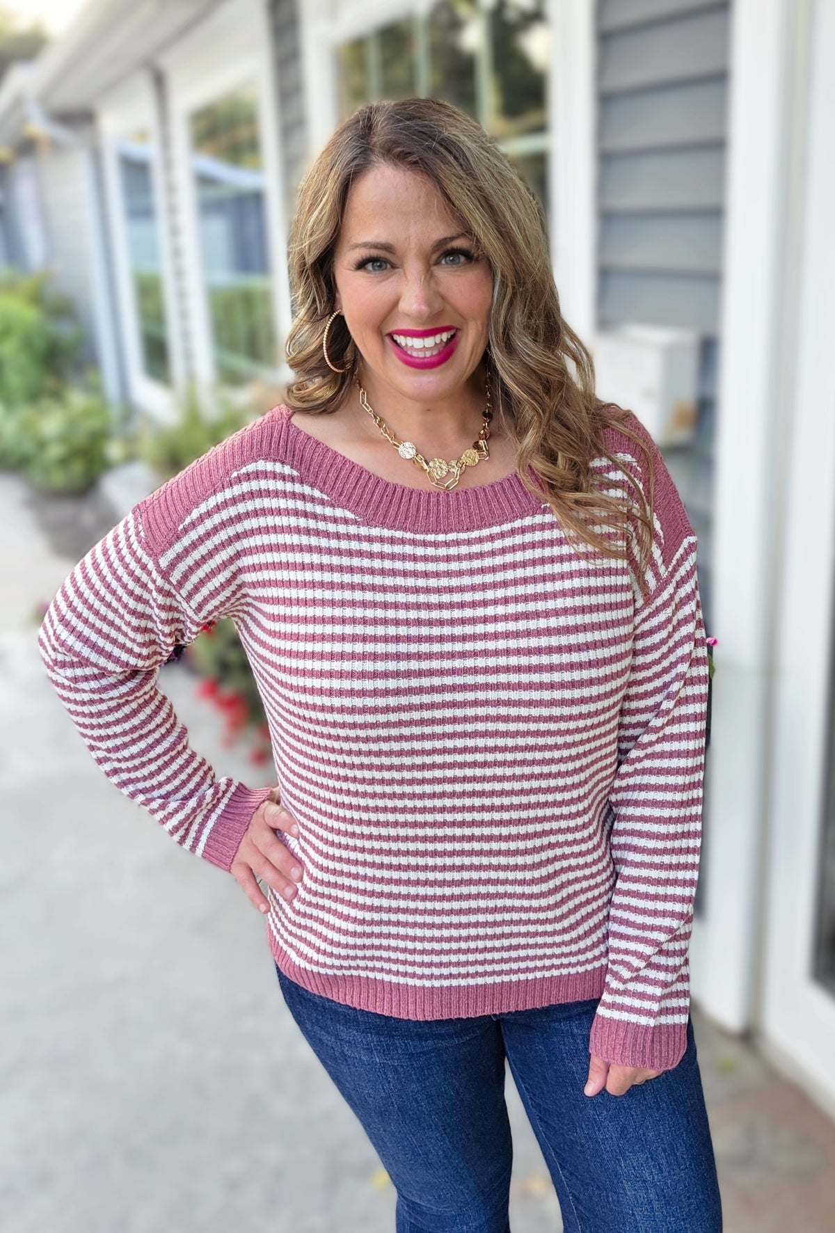 ROSE STRIPED BOAT NECK KNIT SWEATER