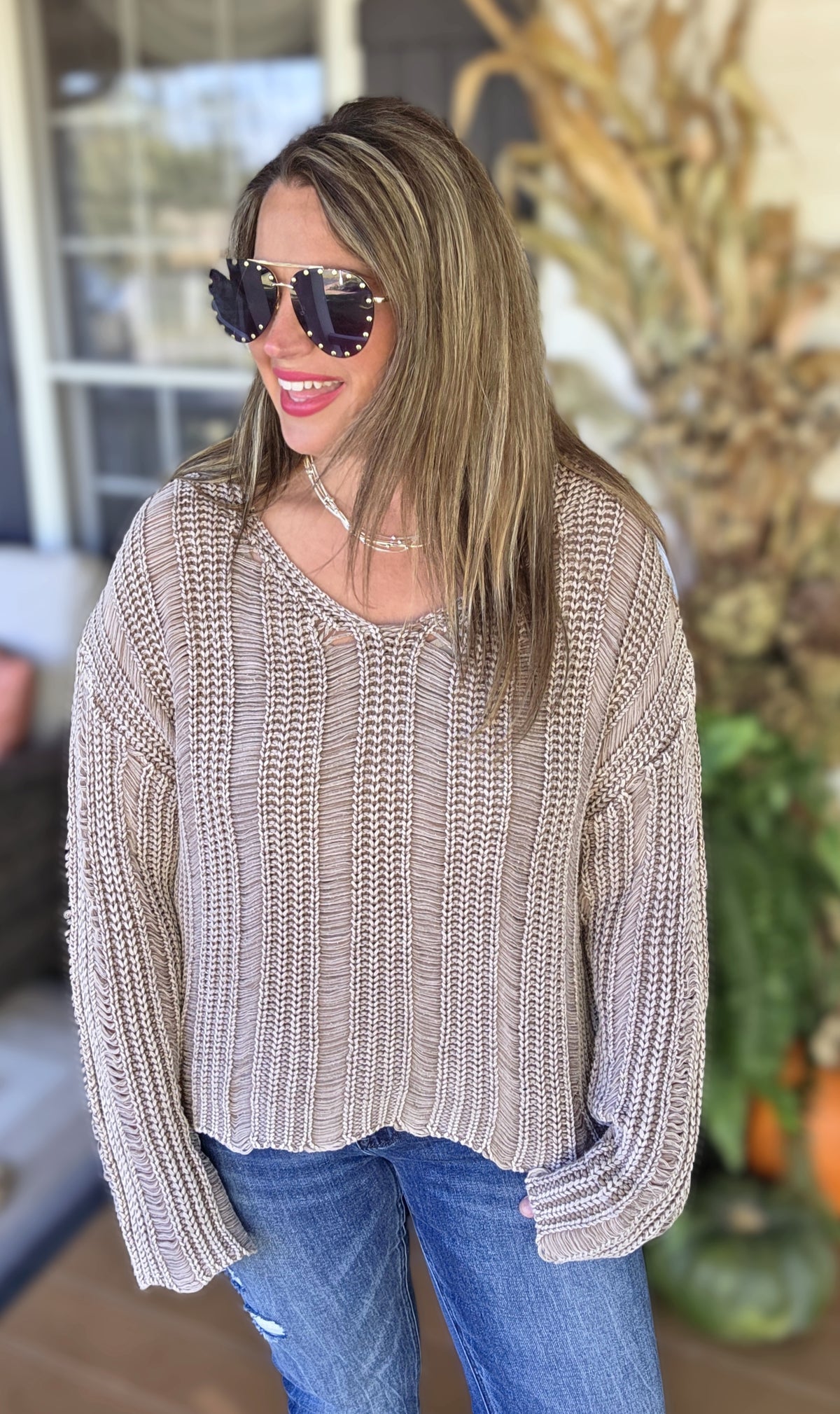 MOCHA MINERAL WASH LOOSE KNIT PULLOVER SWEATER