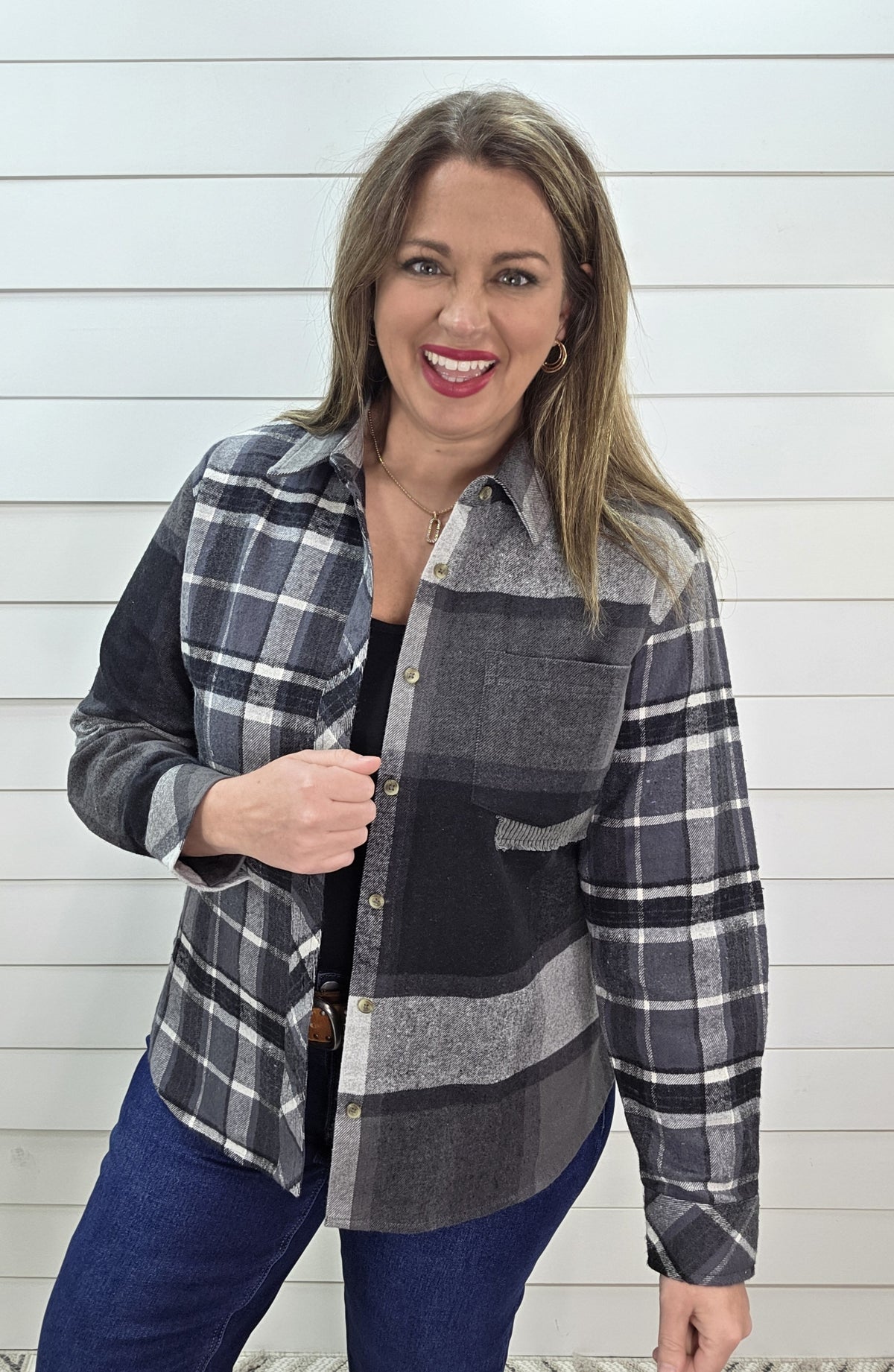 KAREN HART BLACK PLAID CONTRAST FLANNEL SHIRT