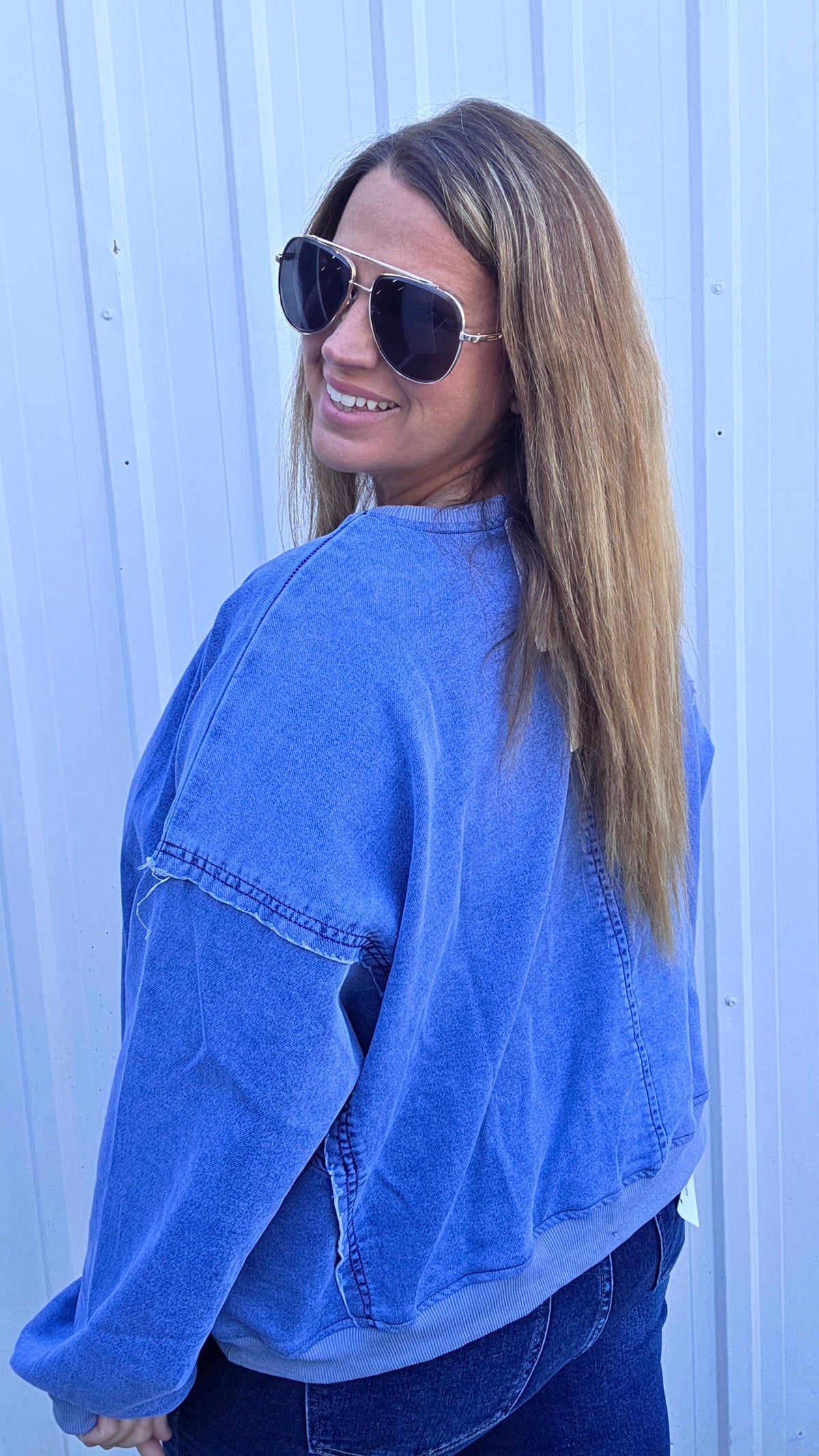DENIM LONG SLEEVE PULLOVER WITH FLORAL DETAIL