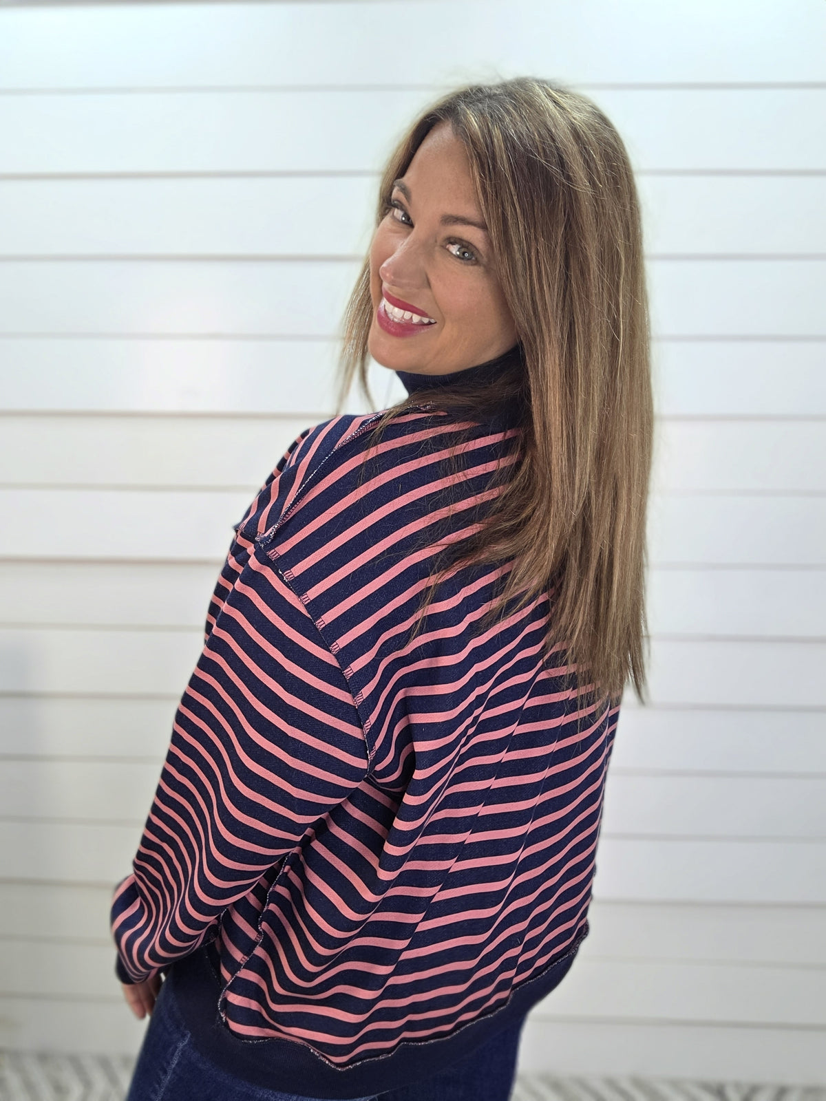 NAVY/MAUVE STRIPED MOCK NECK PULLOVER