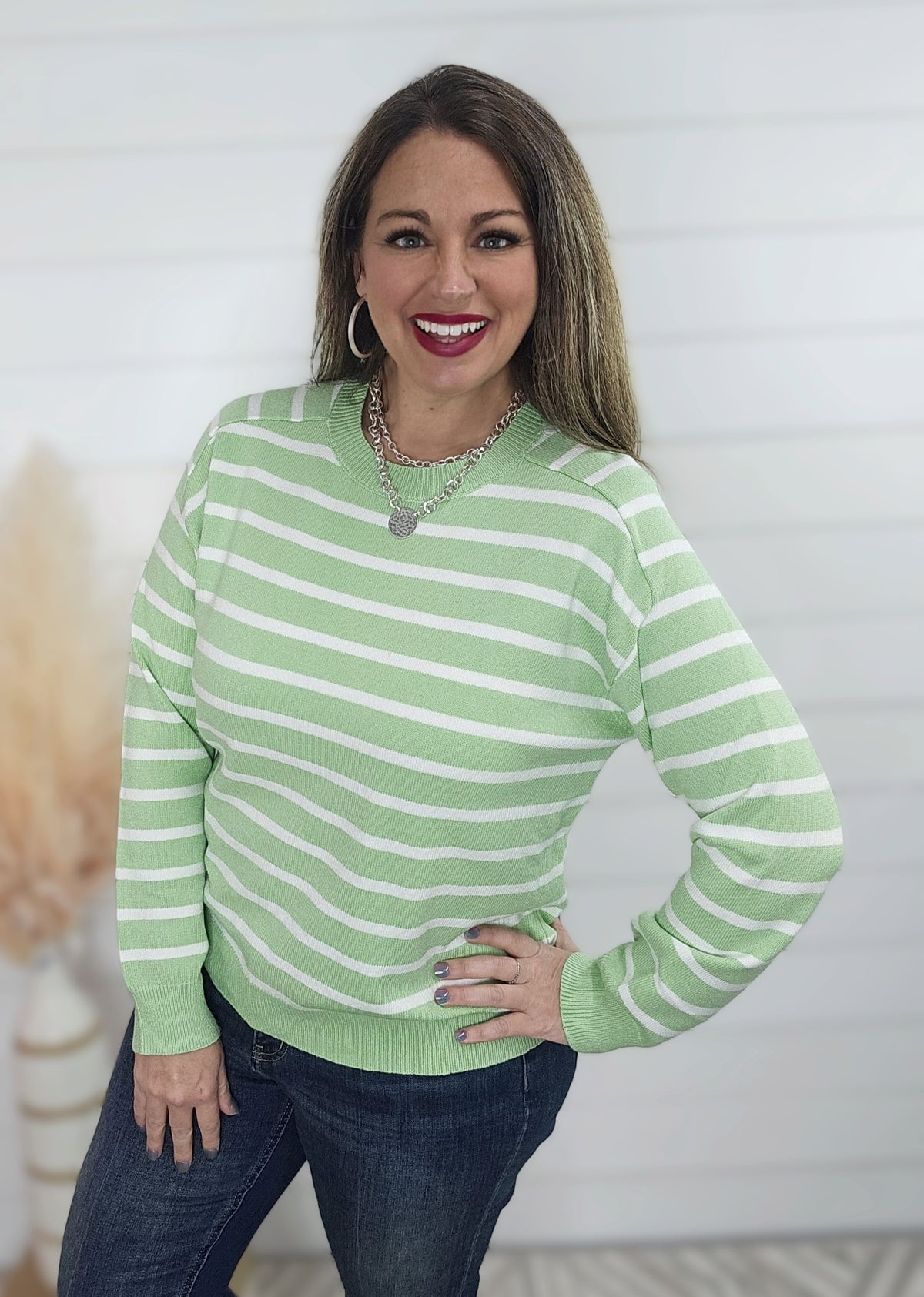 LIME/WHITE STRIPED SOFT  SWEATER