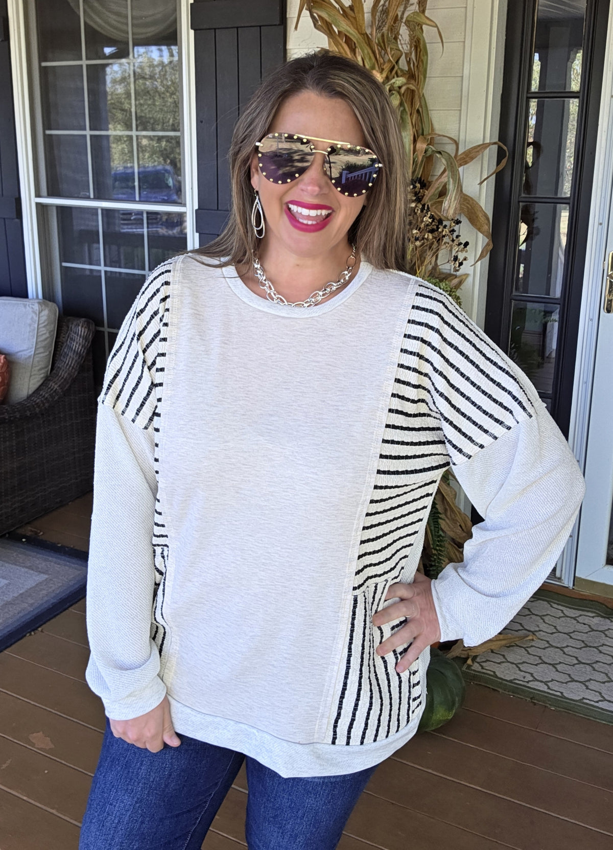 OATMEAL FRENCH TERRY BLACK STRIPED TEXTURED CONTRAST KNIT TOP