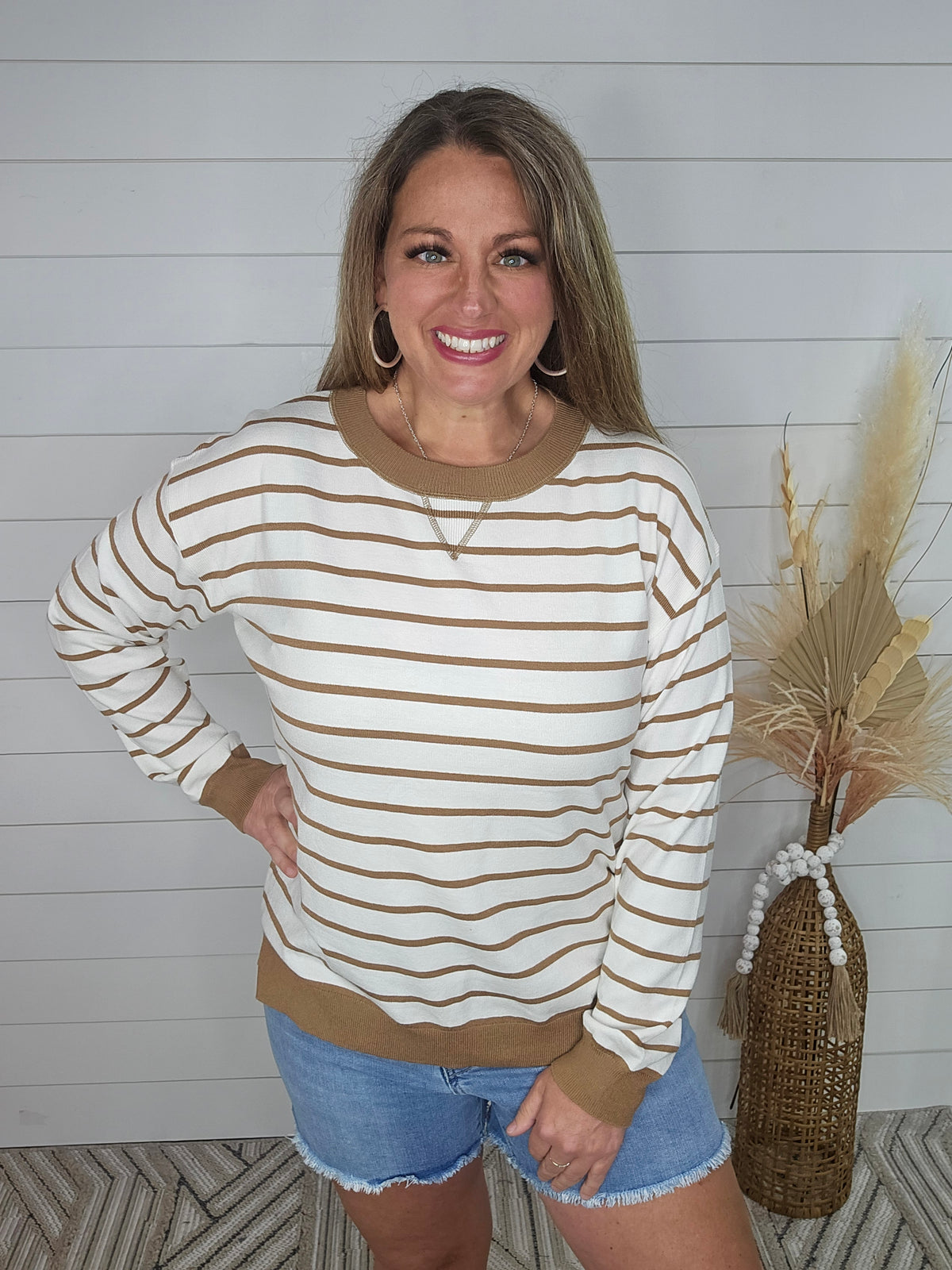 TAUPE/WHITE STRIPED CREW NECK ULTRA SOFT LIGHT WEIGHT SWEATER