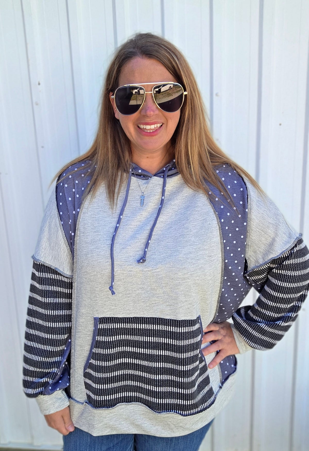 HEATHERED GREY/CHARCOAL Combines Solid French Terry Body With Polka Dot Print Long Sleeves And Striped