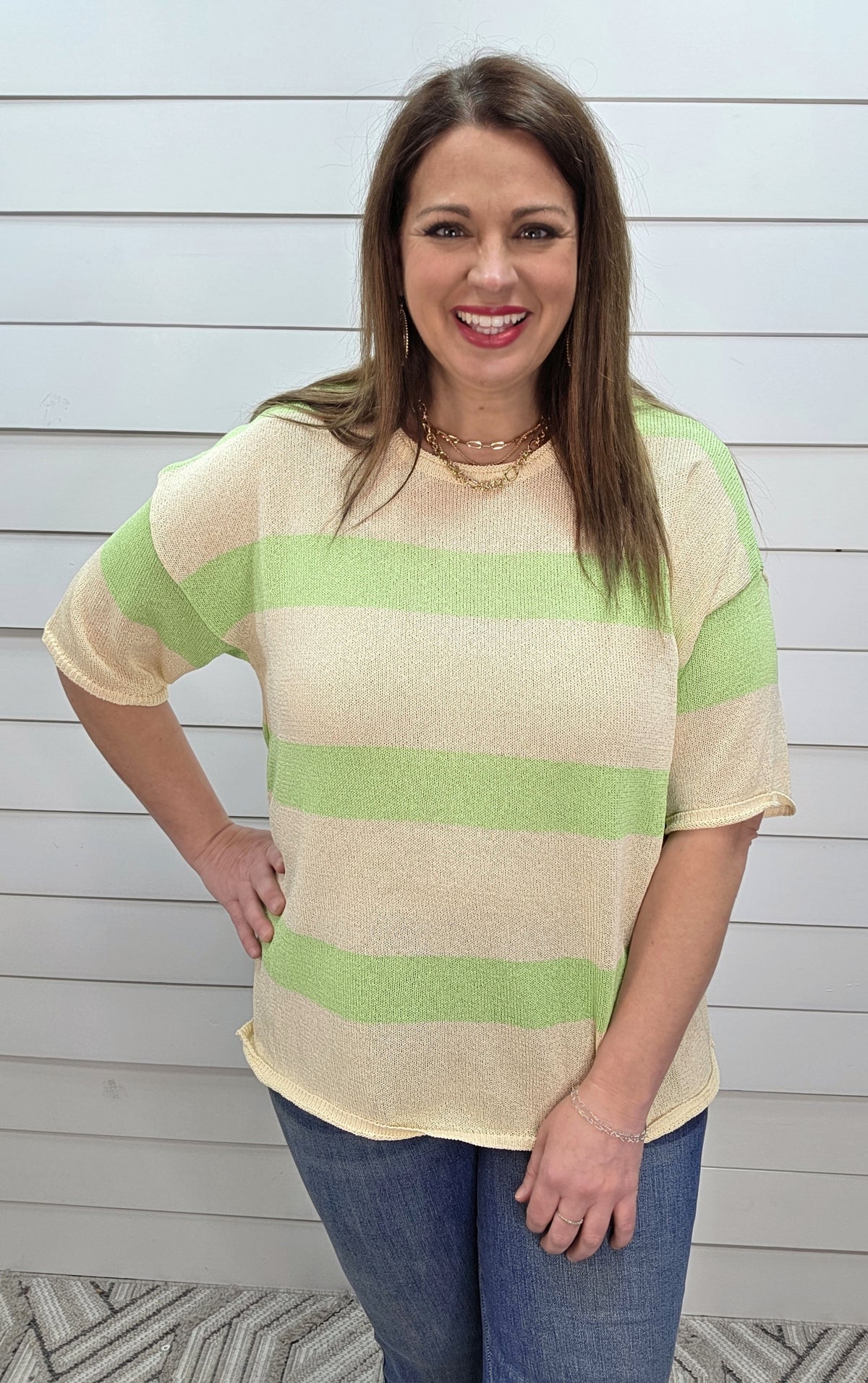 GREEN/CREAM STRIPED SHORT SLEEVE LIGHT WEIGHT SWEATER