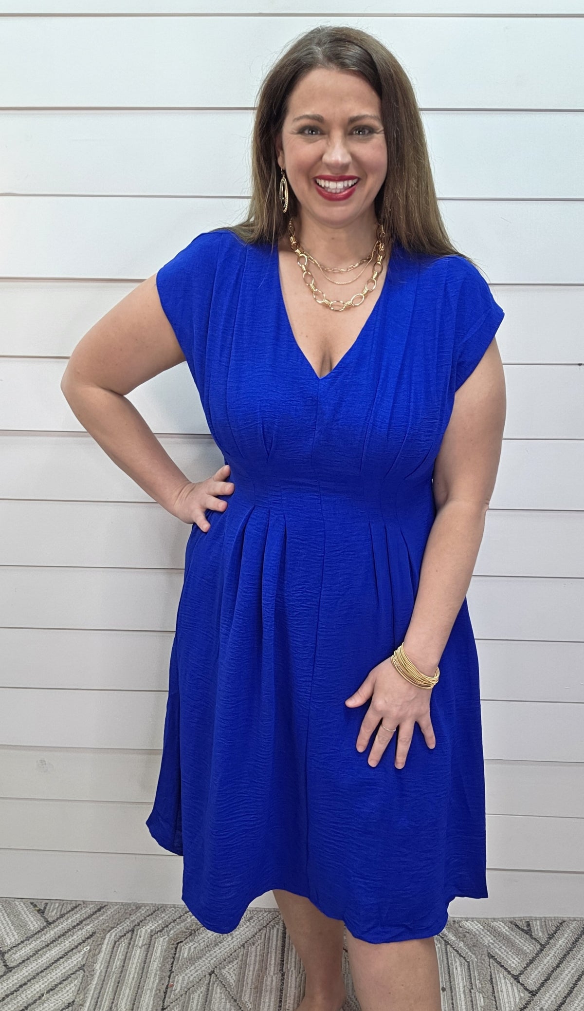 ROYAL BLUE V NECK PLEATED SMOCKED WAISTED CAP SLEEVE DRESS