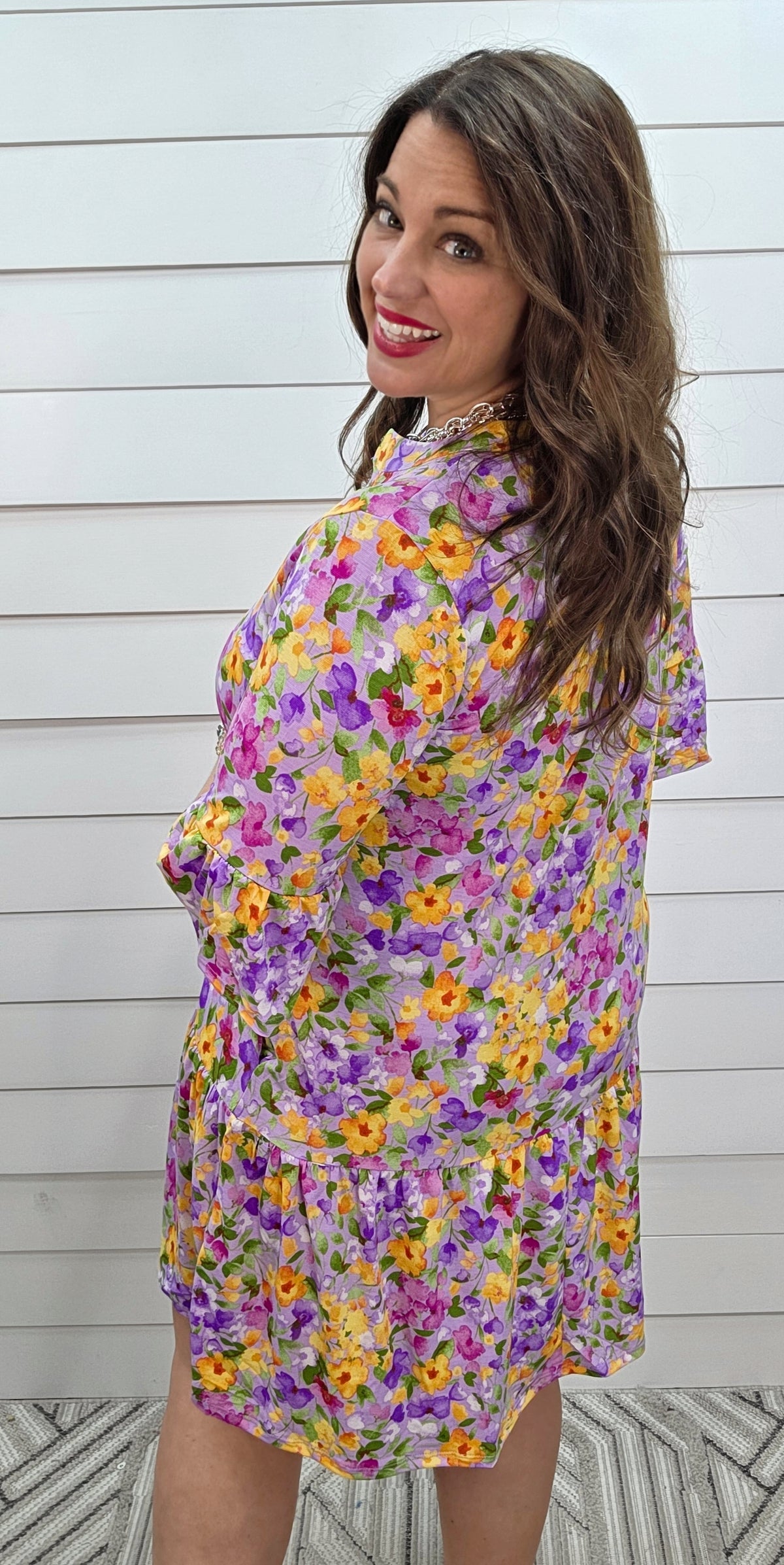 DEAR SCARLETT SUNDAY 3/4 SLEEVE RUFFLE DETAIL DRESS - LILAC/YELLOW FLORAL