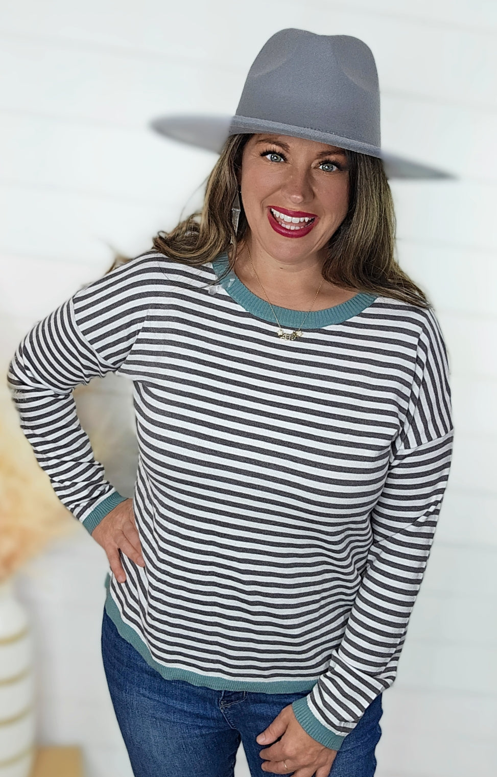 GREY STRIPED KNIT TOP W/ JADE TRIM