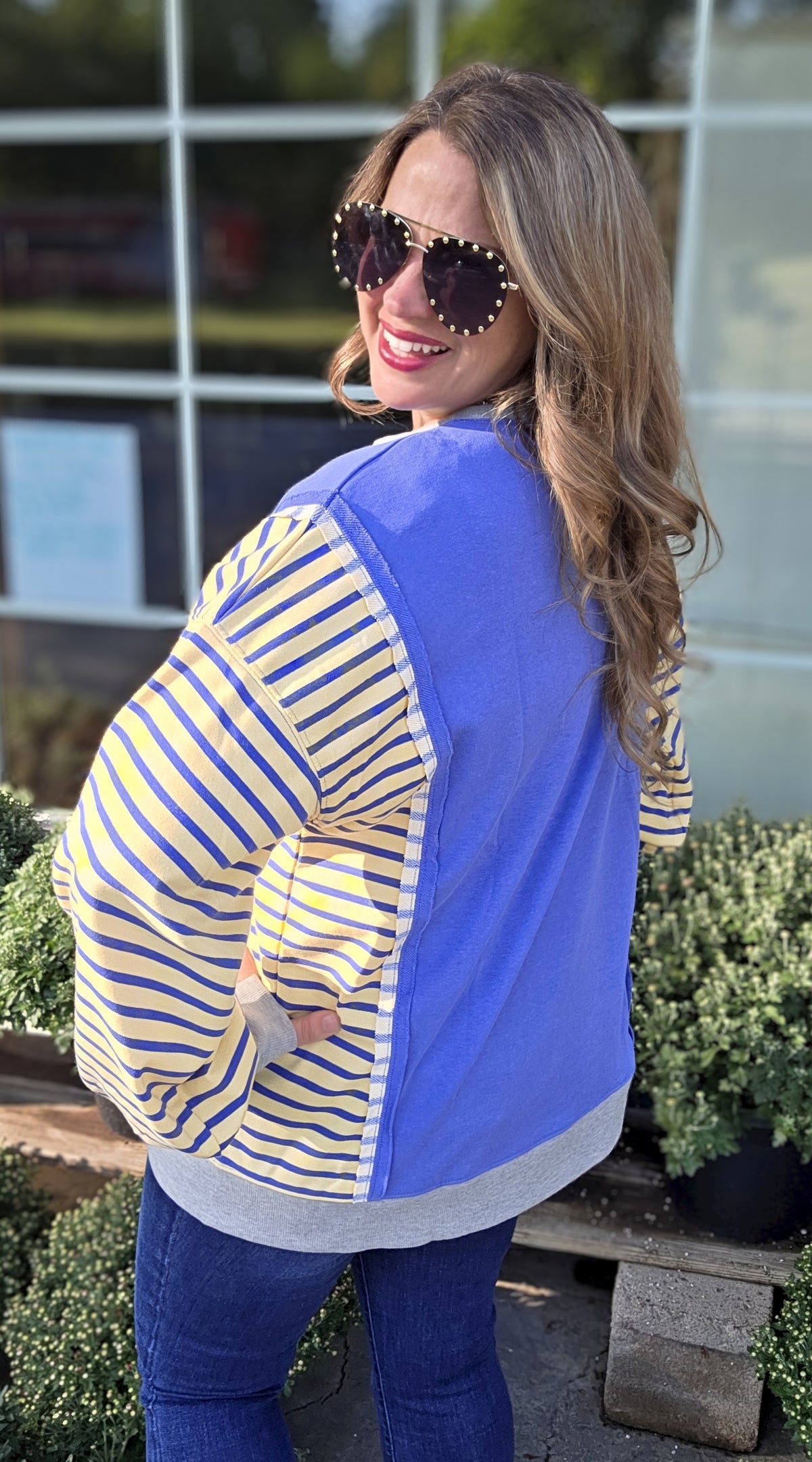 BLUE/STRIPED CONTRAST FRENCH TERRY TOP