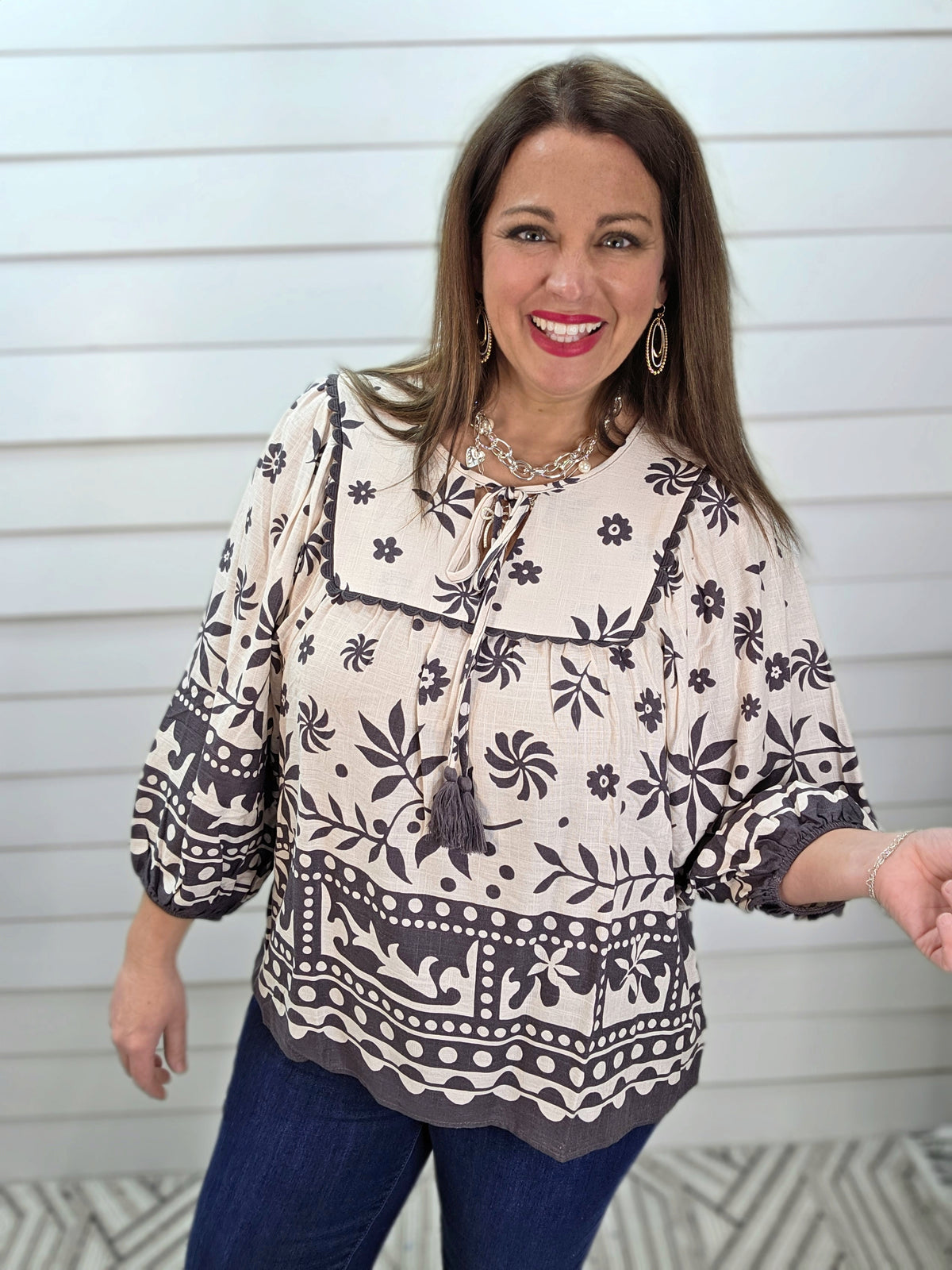ASH MOCHA PRINTED 3/4 SLEEVE WOVEN TOP