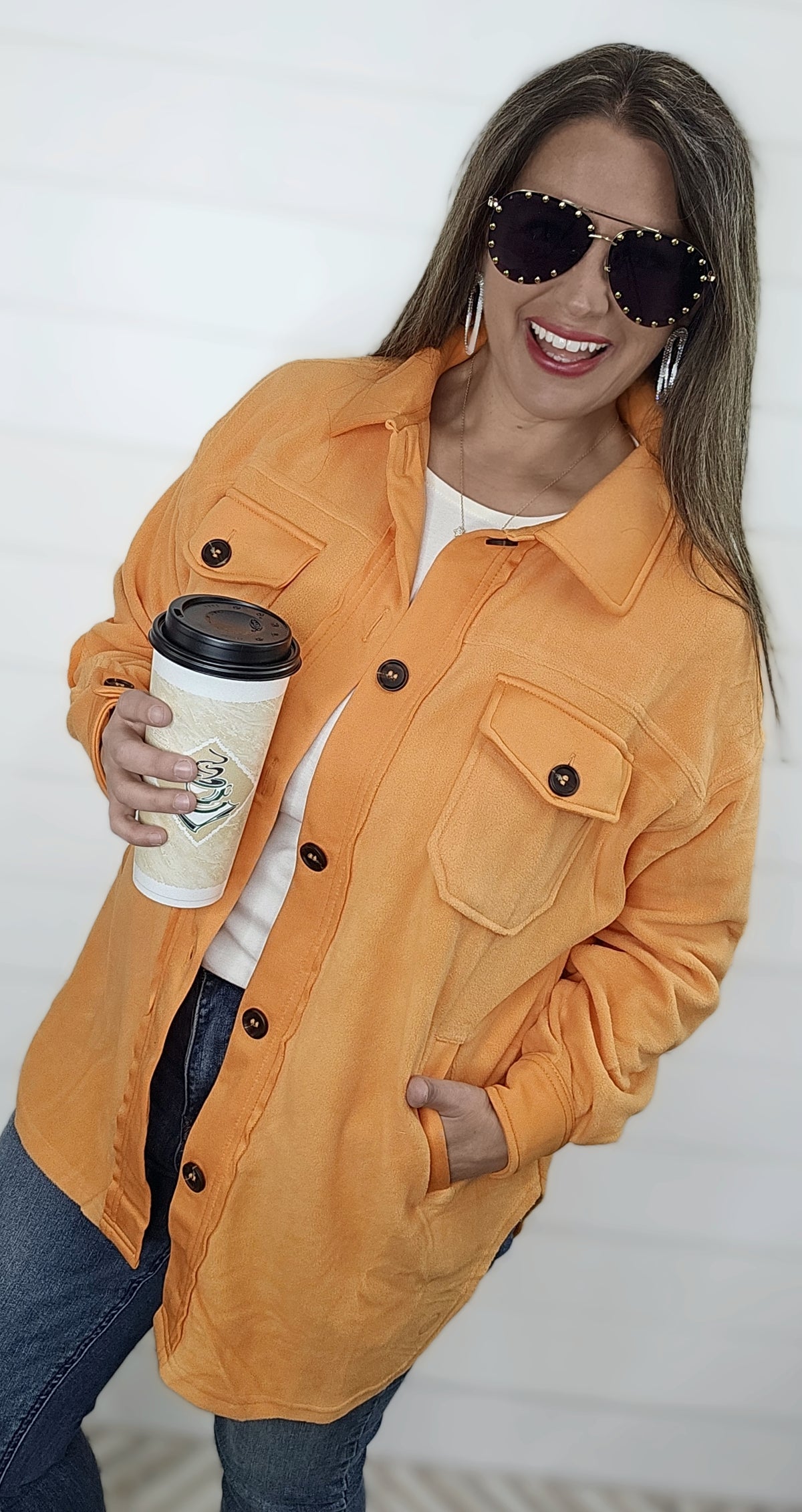 OVERSIZED PLUSH FLEECE SHACKET - ORANGE